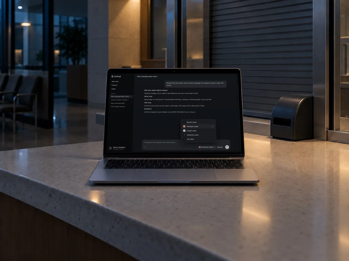 Laptop on a public service counter showing a plain-language water notice drafted in Liminal