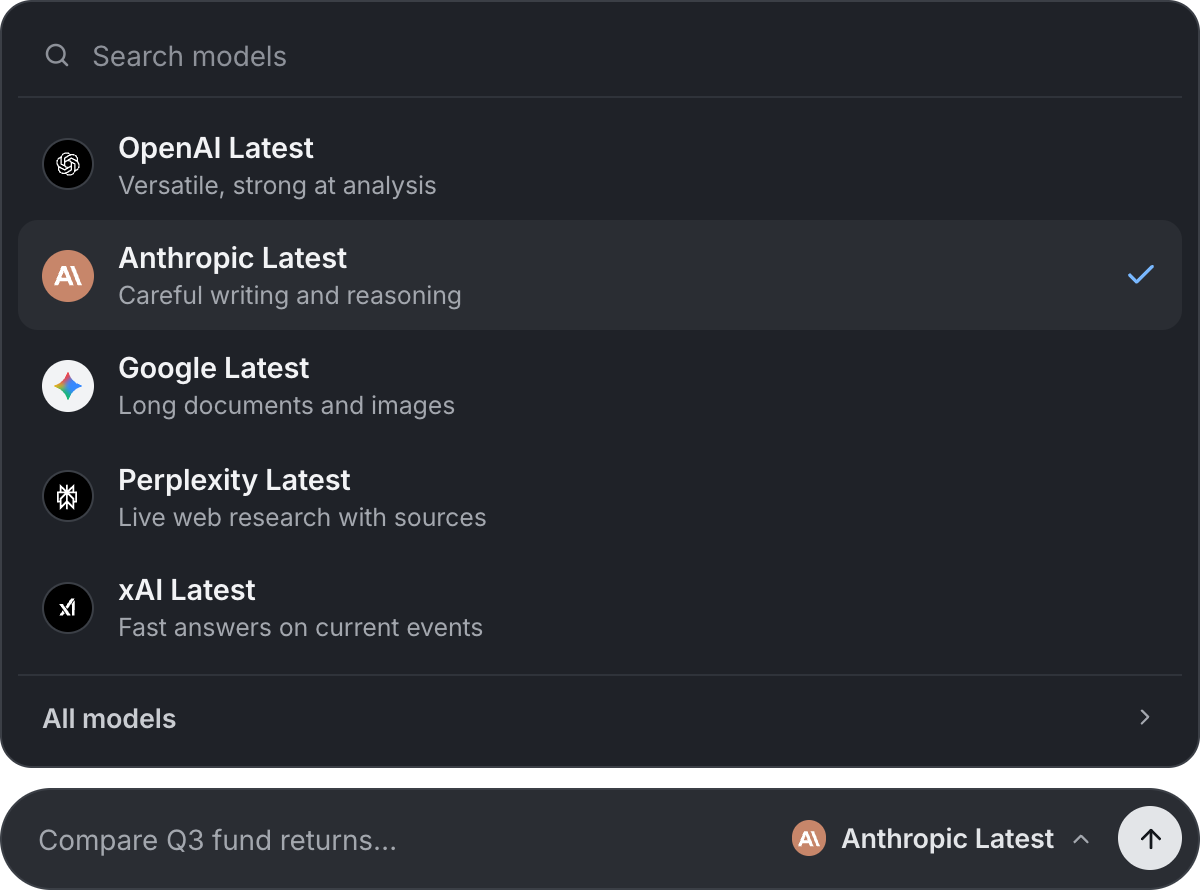Liminal model picker showing the latest models from OpenAI, Anthropic, Google, Perplexity, and xAI, with Anthropic selected above the prompt bar.