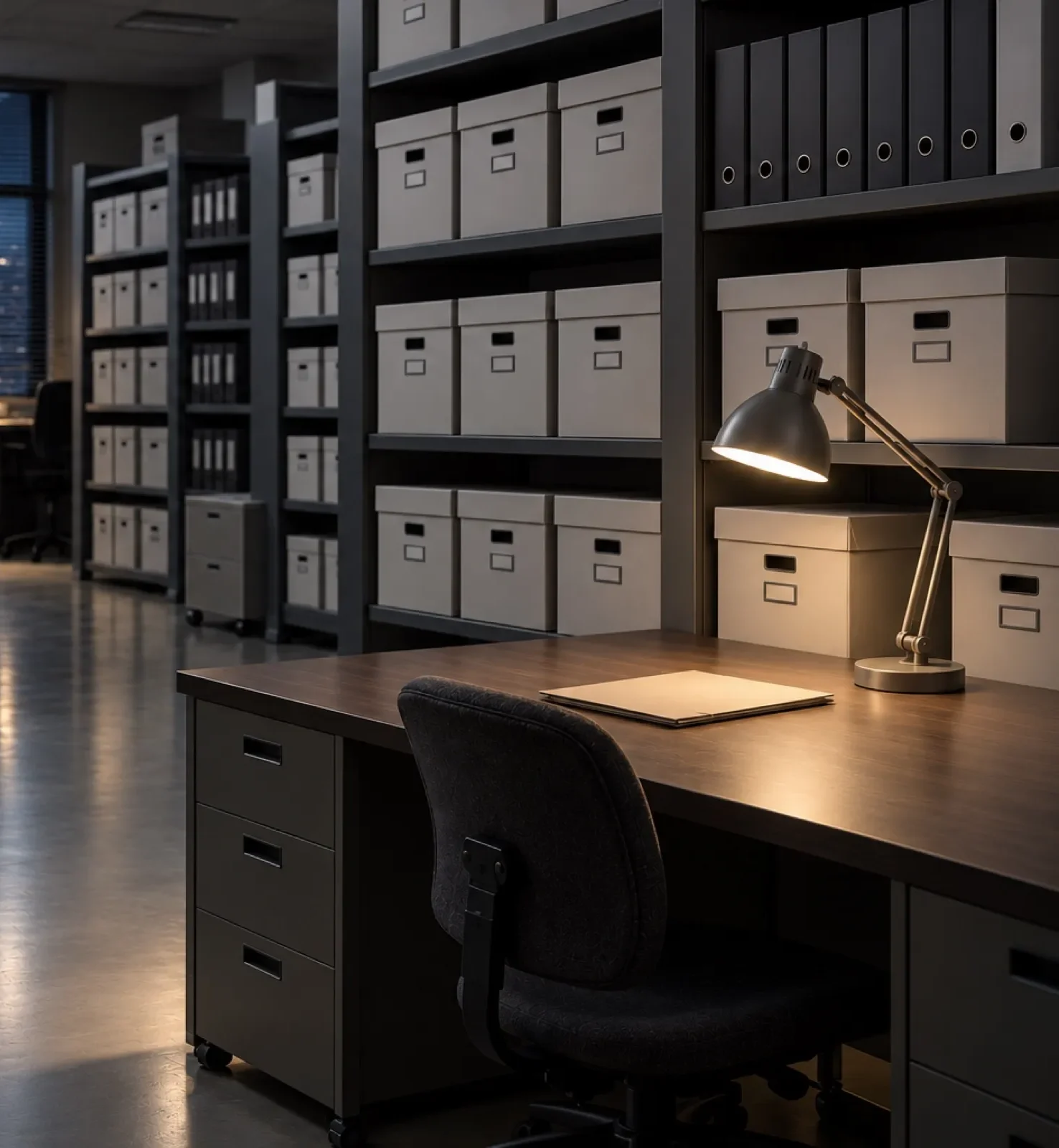 Records office at night, a desk lamp lighting a folder beside shelves of archive boxes