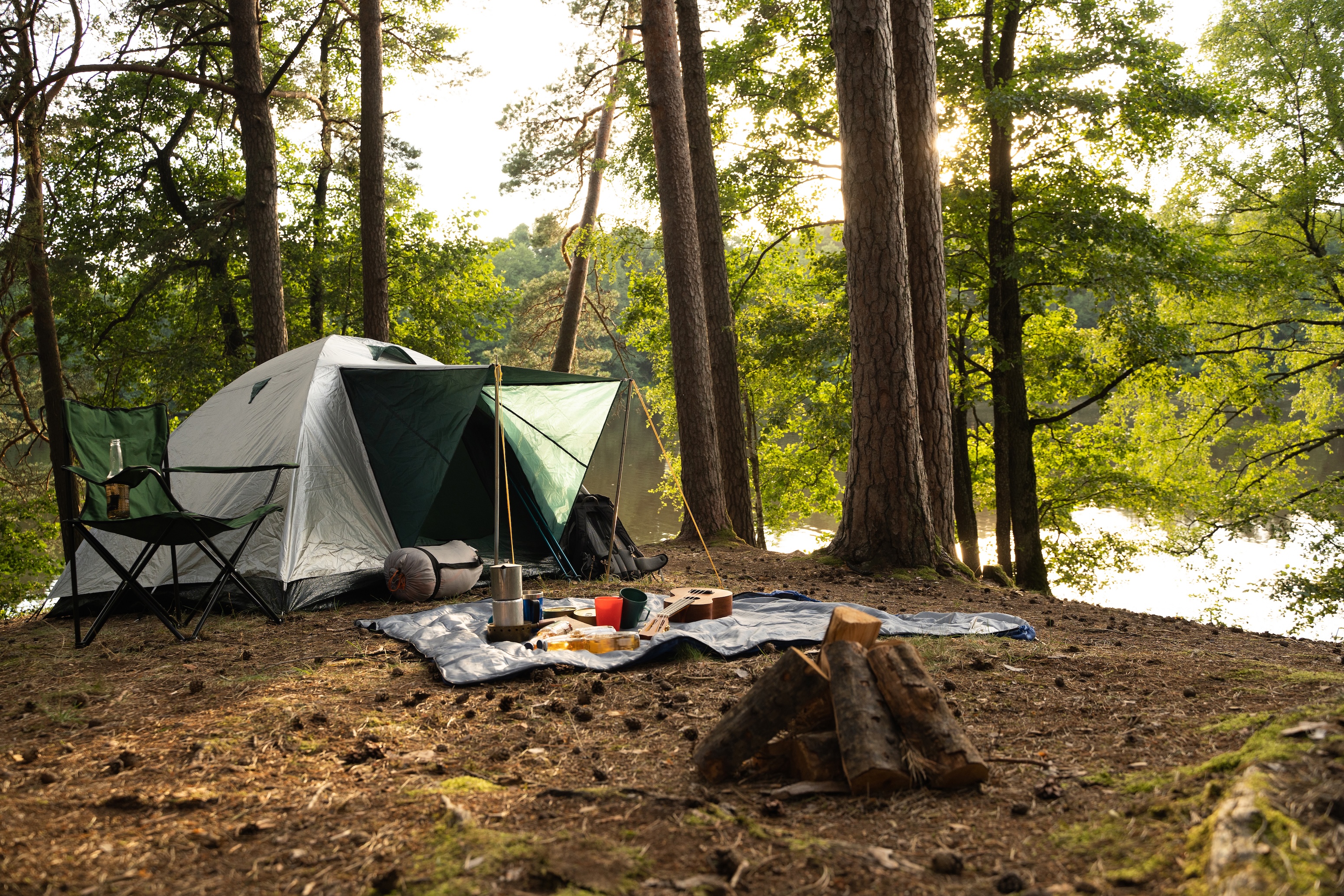 Camping set up in the woods on a warm summer day 