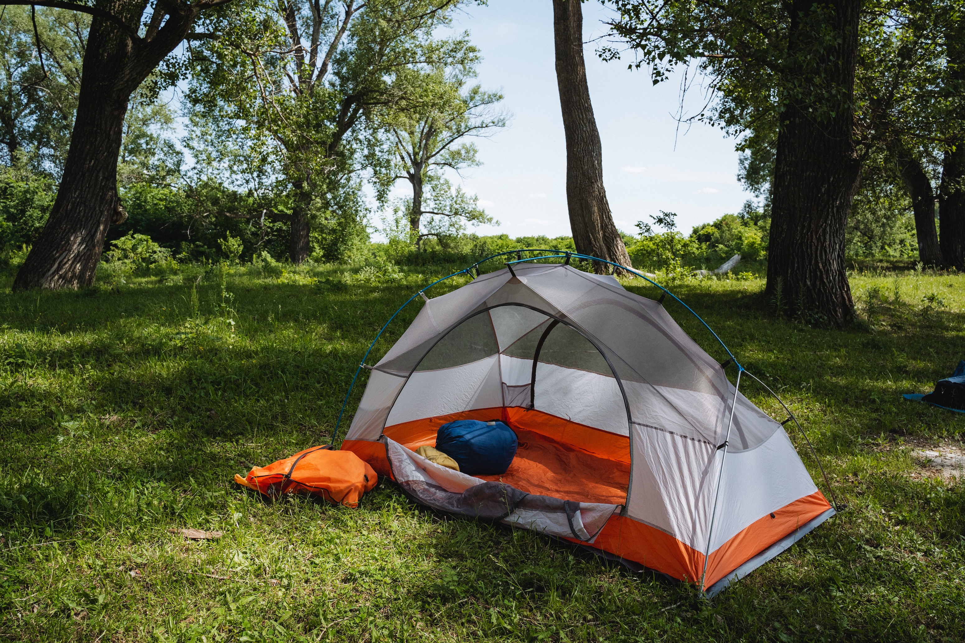 Gray and orange tent in a wooded area for camping