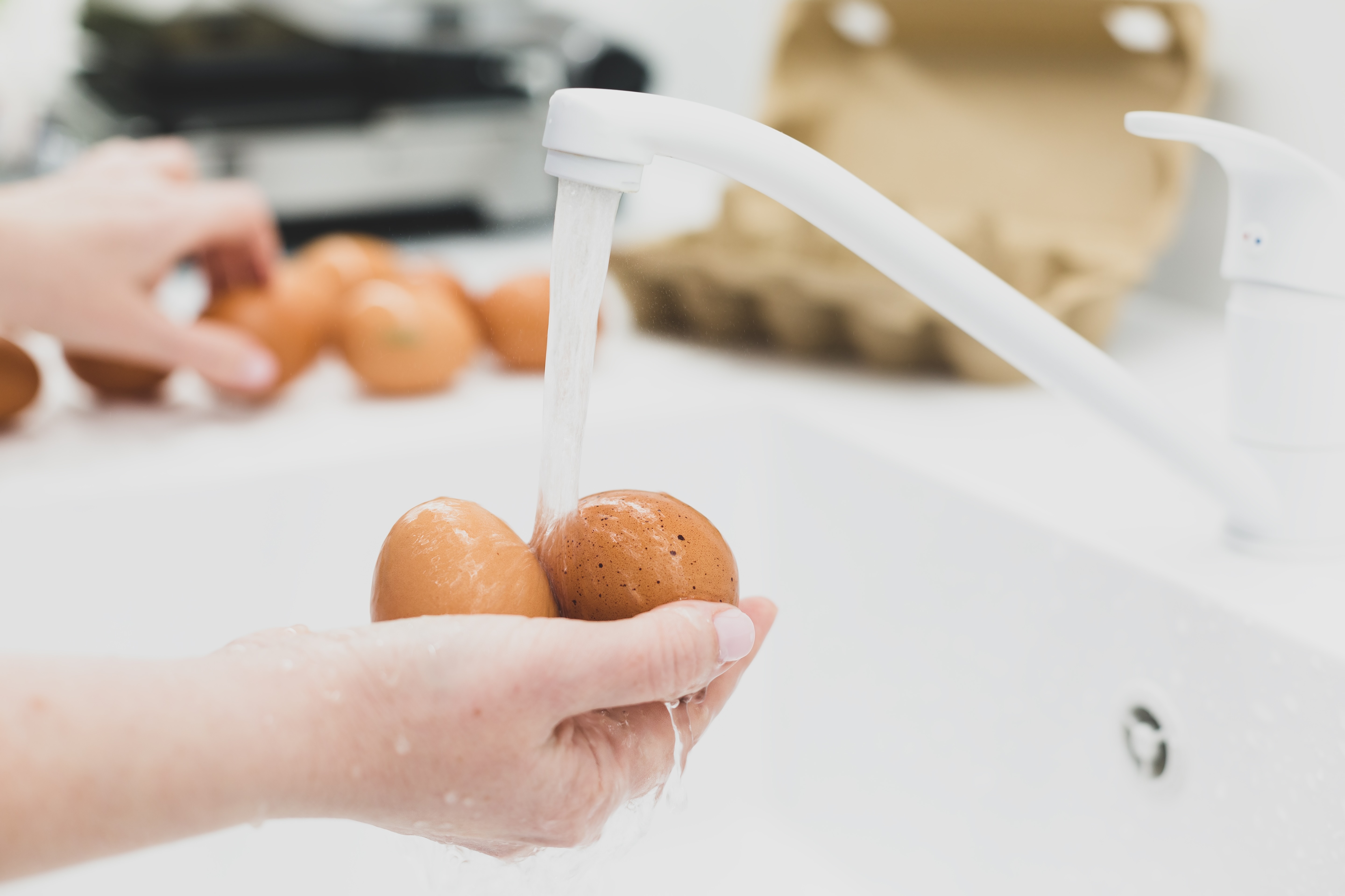 Person running fresh eggs under water to clean them