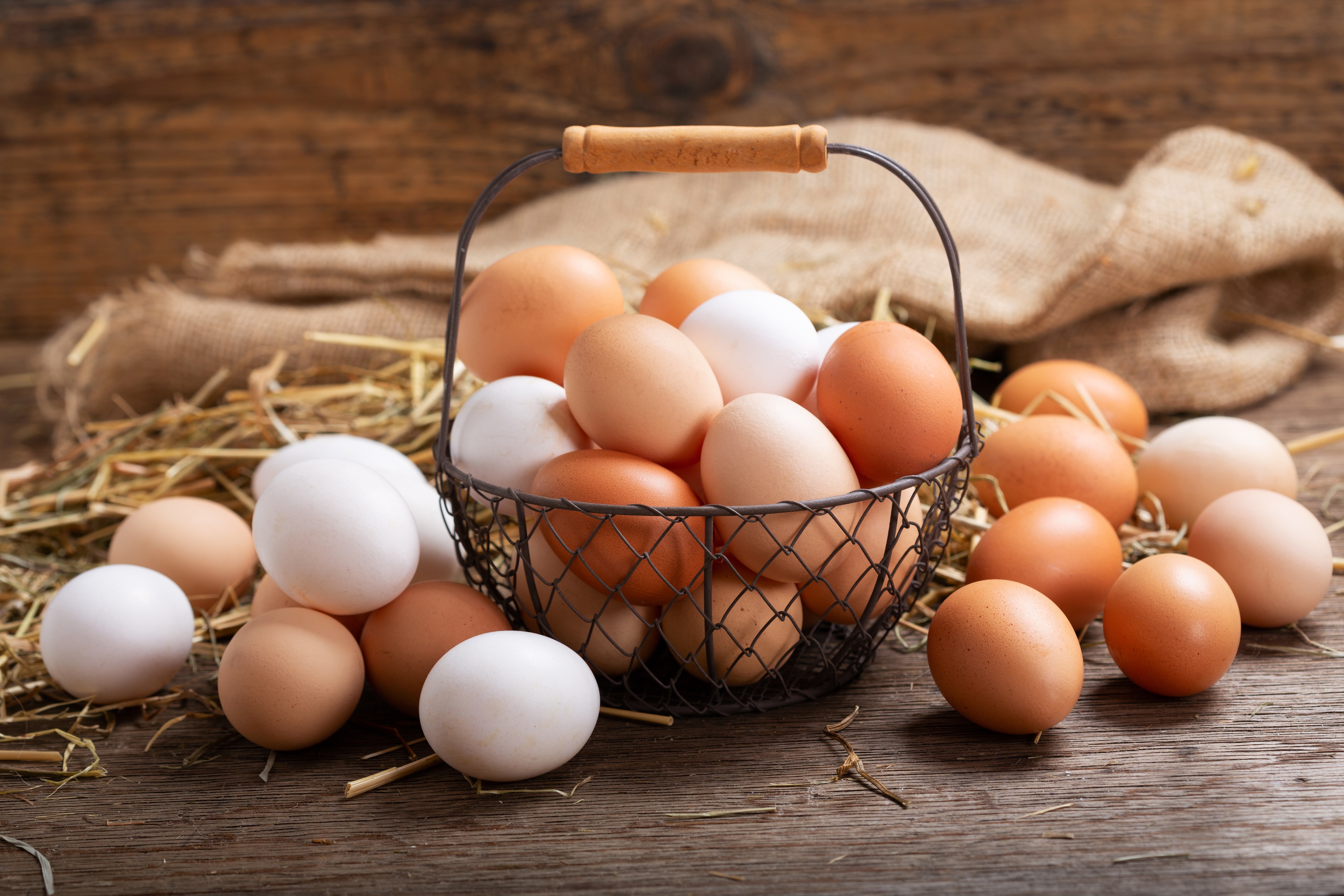 Basket filled with different colored farm fresh eggs