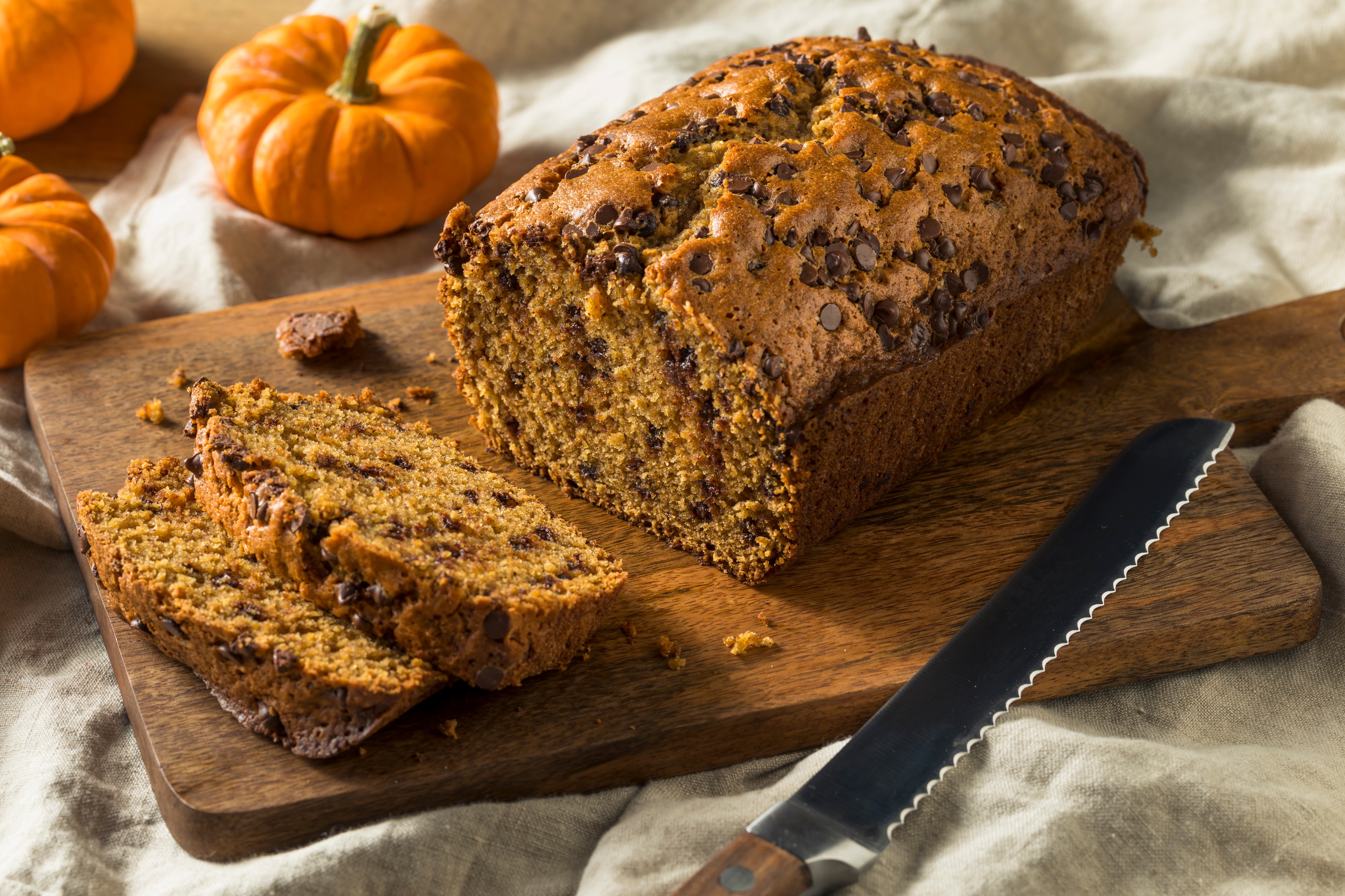 Sliced pumpkin chocolate-chip bread