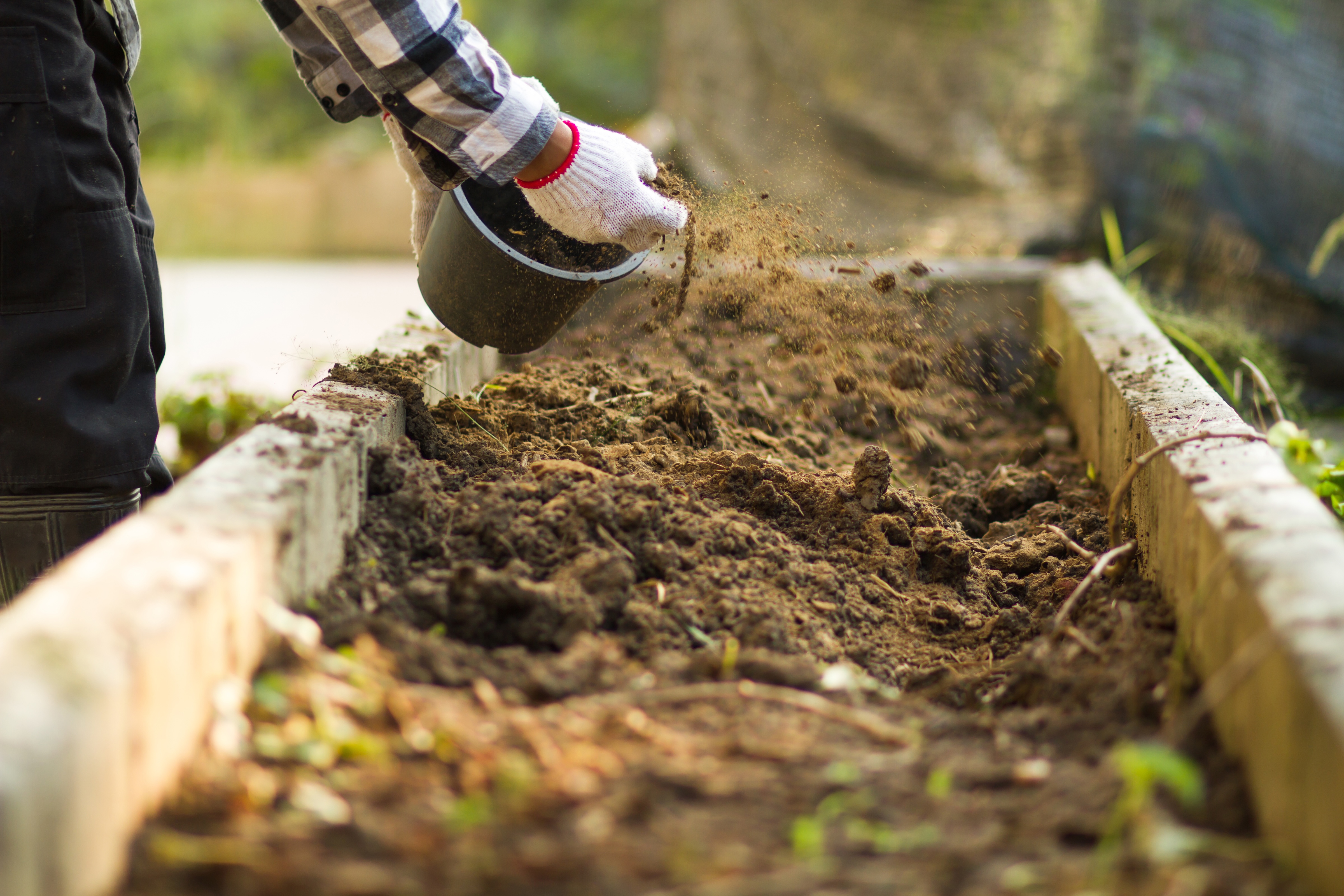 Person spreading composted soil onto a garden bed