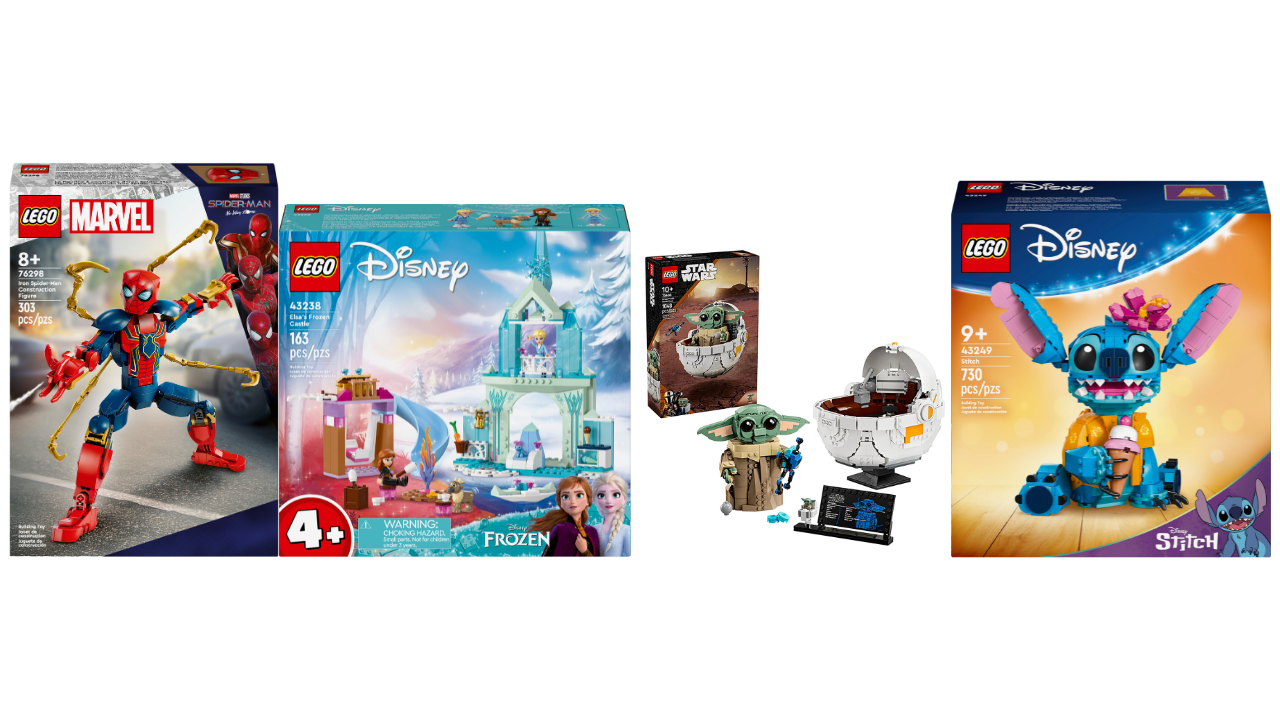 LEGO Spider-Man, LEGO Frozen, LEGO Star Wars and LEGO Stitch all lined up