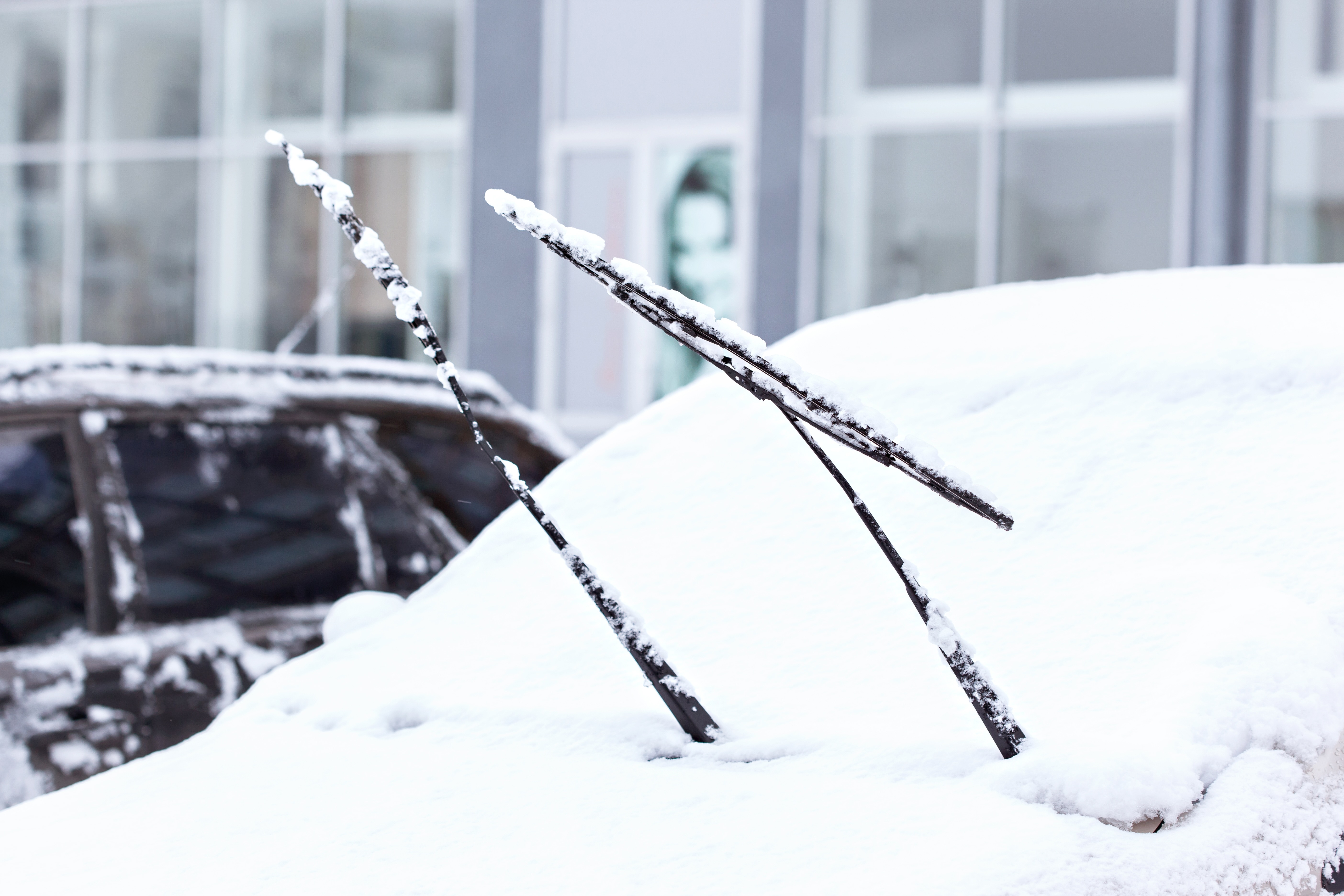 Car covered in snow with the windshield wipers sticking up