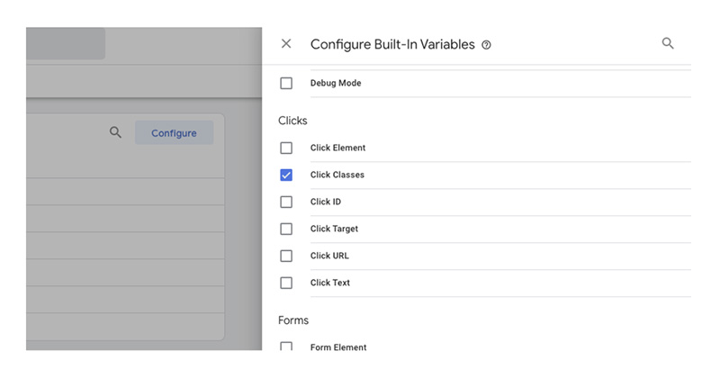 Click classes option in GTM