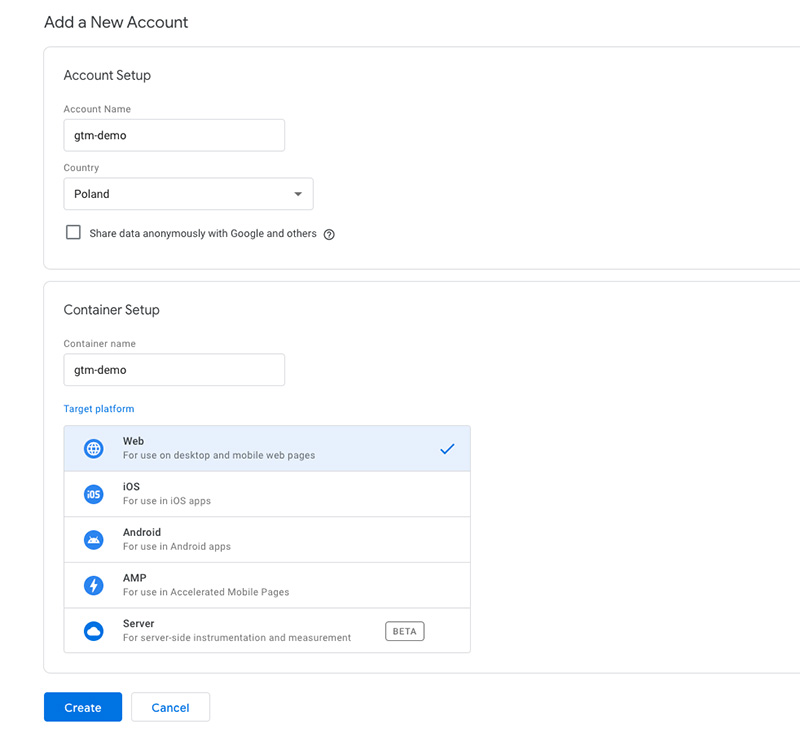 Google Tag Manager account setup interface