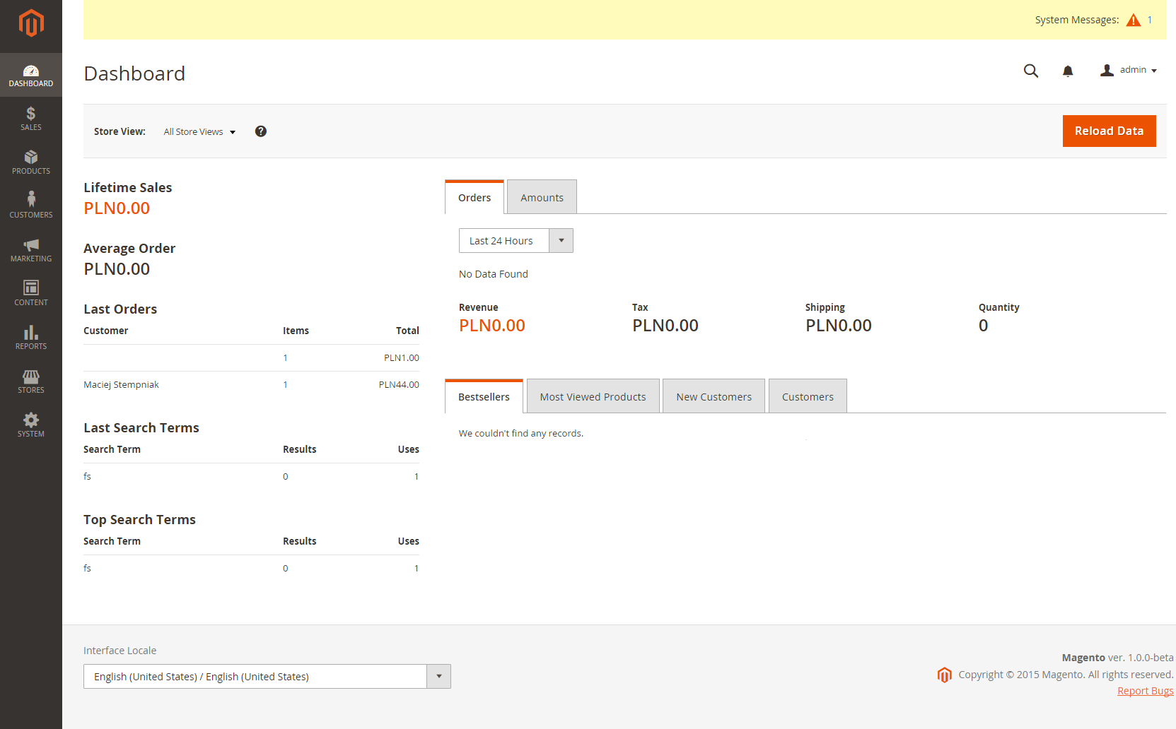 Magento 2 dashboard