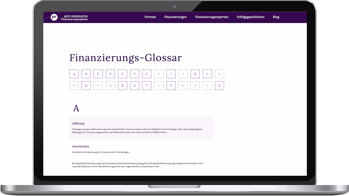 Pro Ressource website - the Glossary of Financial Terms