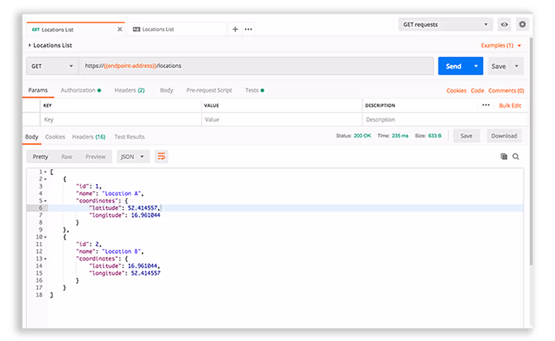 GET request to retrieve a list of locations in Postman
