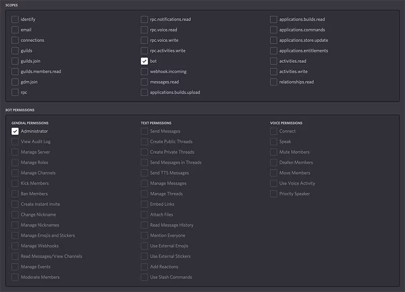 65bfd0c72ef2944daddda401 setting the bot scope and administrator permissions in discord