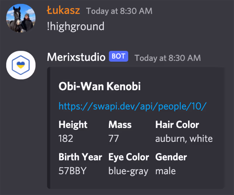 Using a command with a Discord embed result