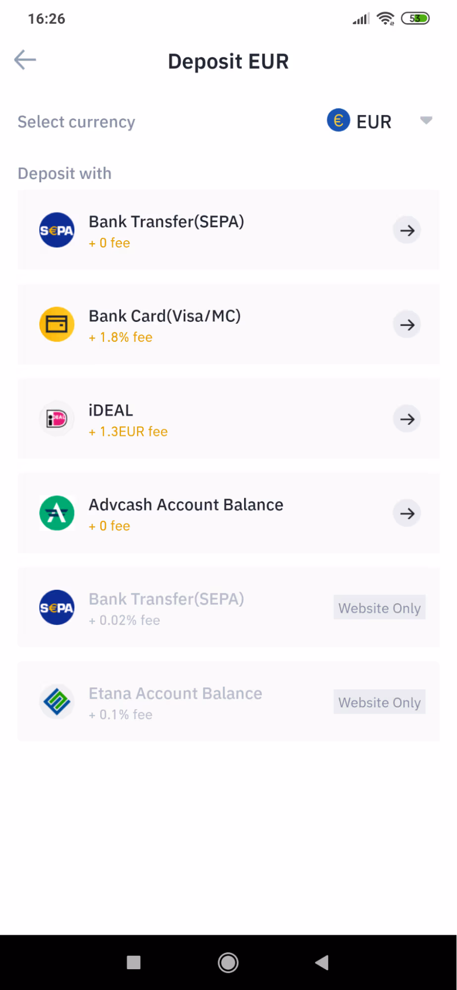 Deposit money feature in Binance app