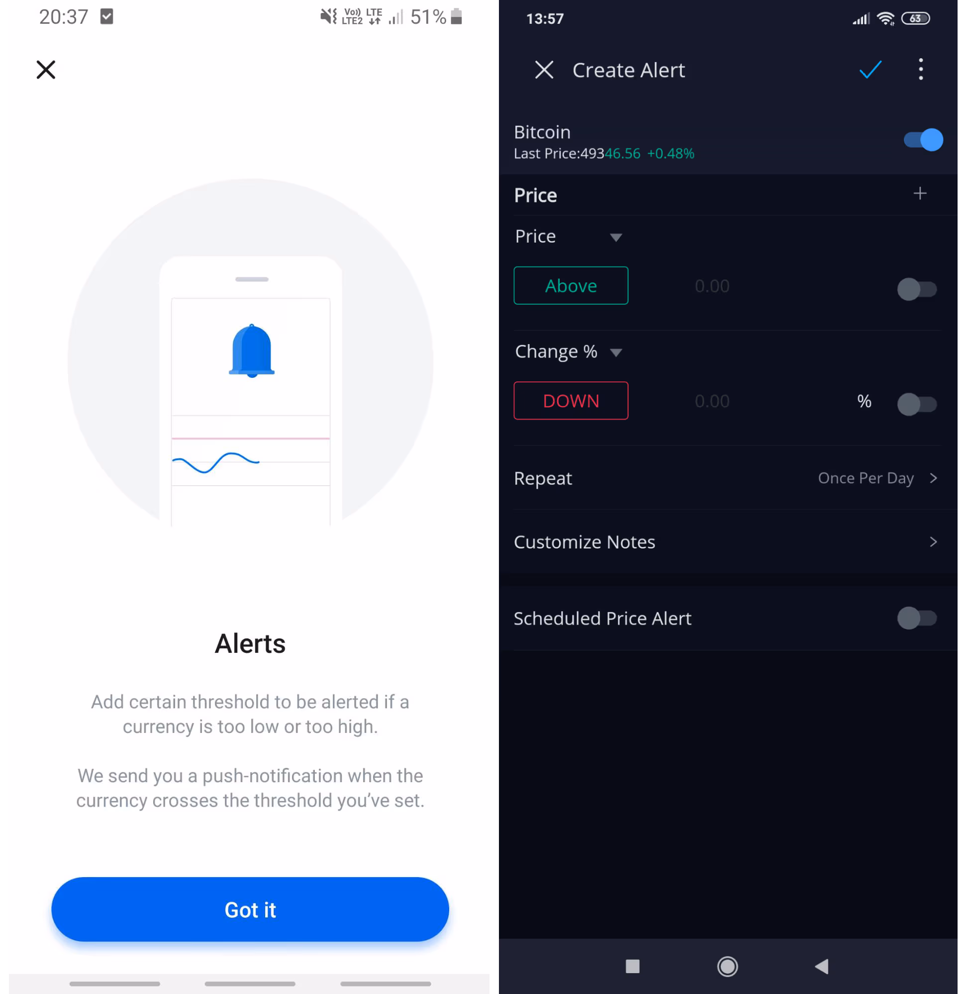 Alert setting screen in Revolut app and Webull app