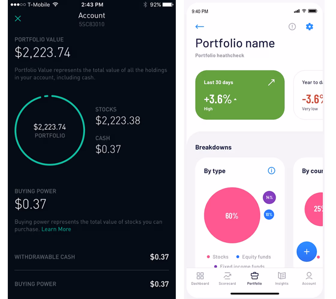 Portfolio feature in Robinhood app and in Genuine Impact (developed by Merixstudio)