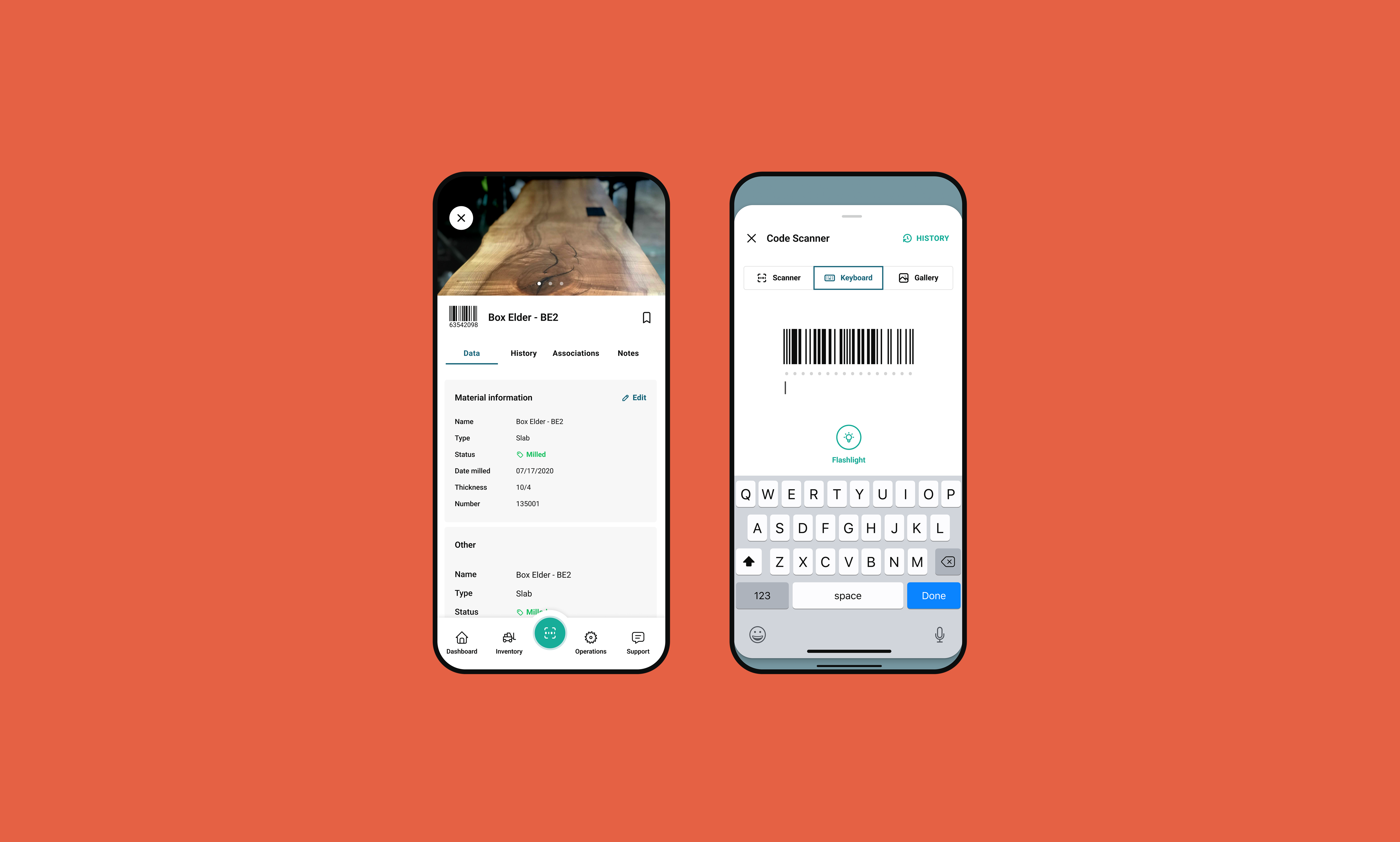 Two smartphone screens showing inventory management app: left displays "Box Elder - BE2" material details with data tabs; right shows code scanner interface with keyboard input.