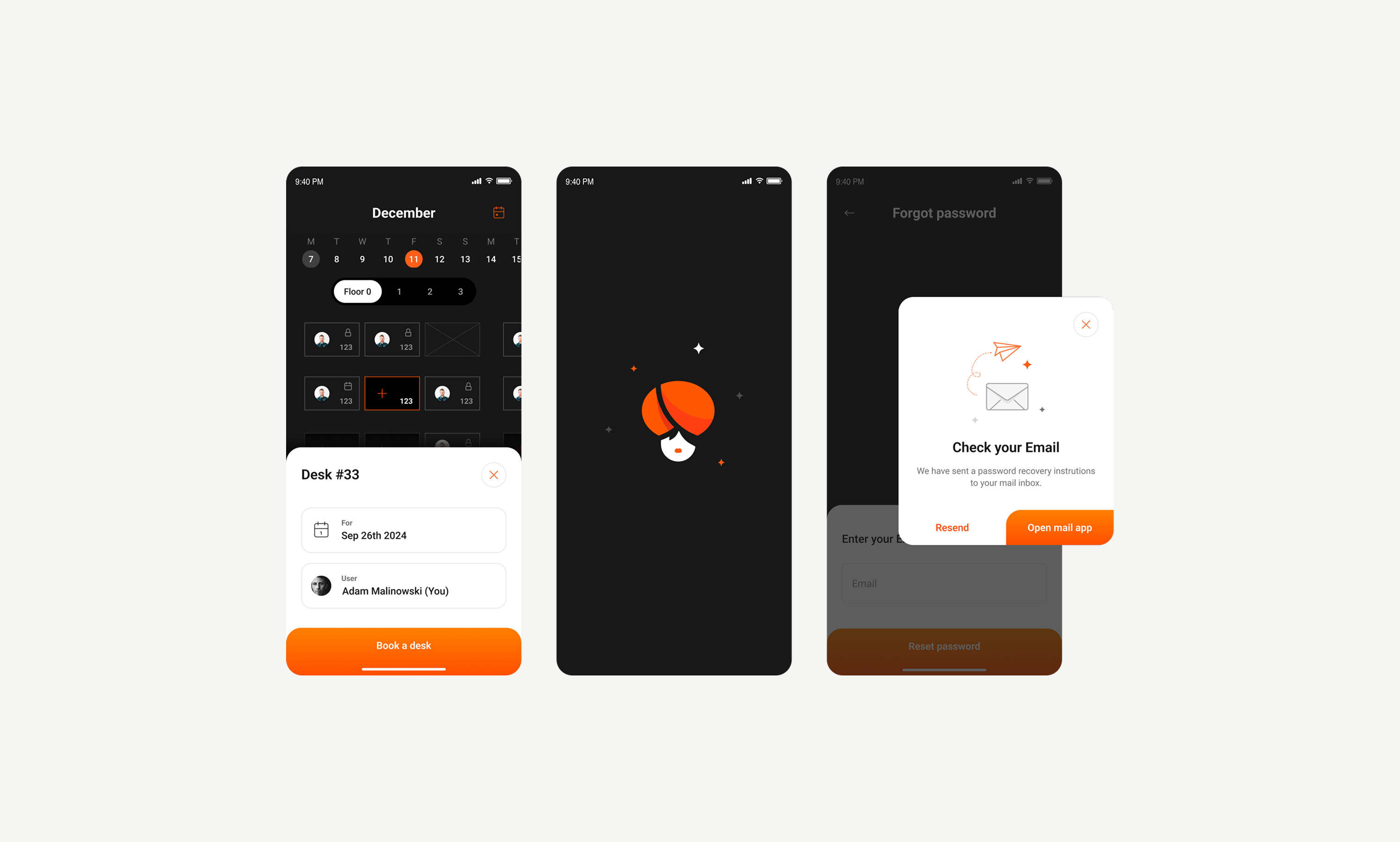 Three mobile app screens showing desk booking interface, loading animation, and password reset confirmation with email instructions.