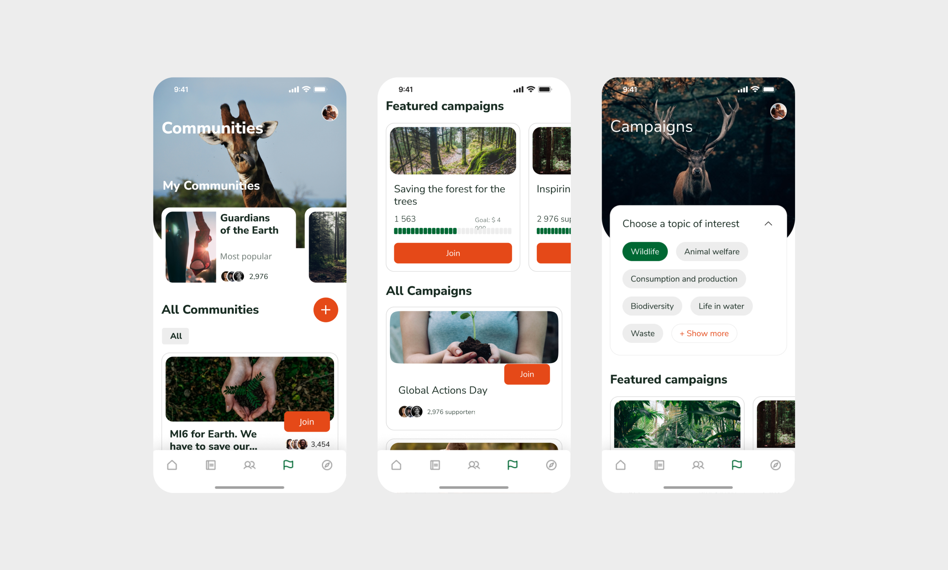 Three mobile app screenshots showing Communities and Campaigns sections with environmental initiatives, user profiles, and topic filters for wildlife and conservation efforts.