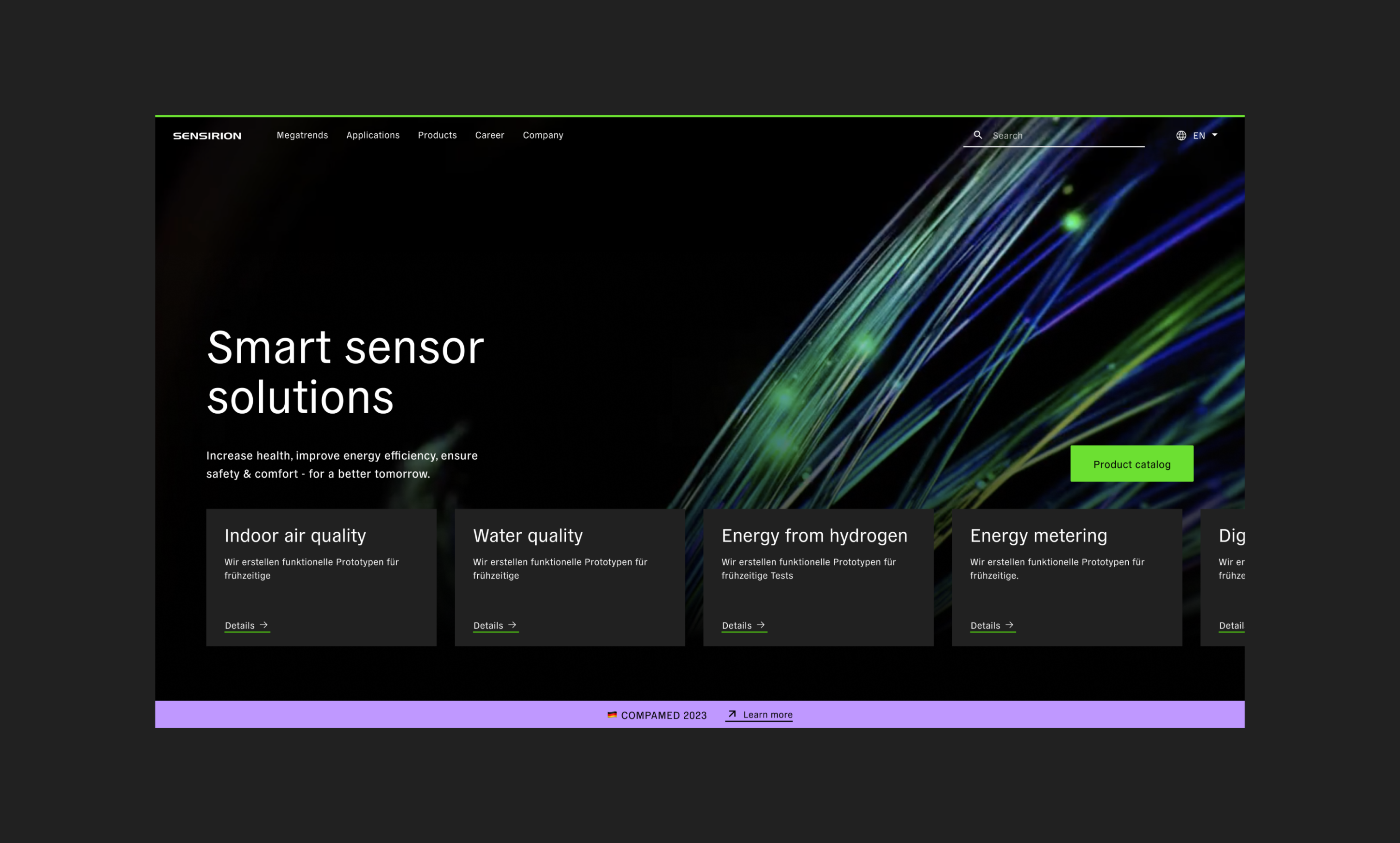 Sensirion smart sensor solutions website showing Indoor air quality, Water quality, Energy from hydrogen, and Energy metering products.