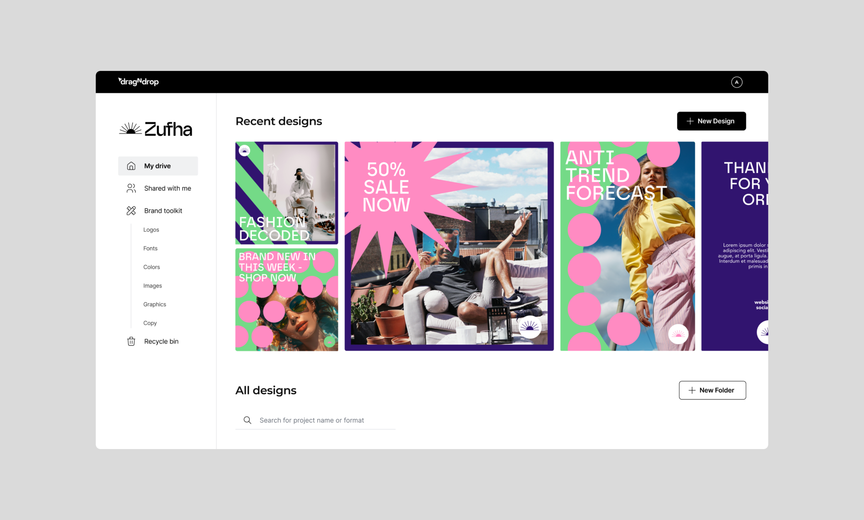 Zufha design dashboard showing recent colorful fashion and trend forecast designs with navigation menu and search functionality.