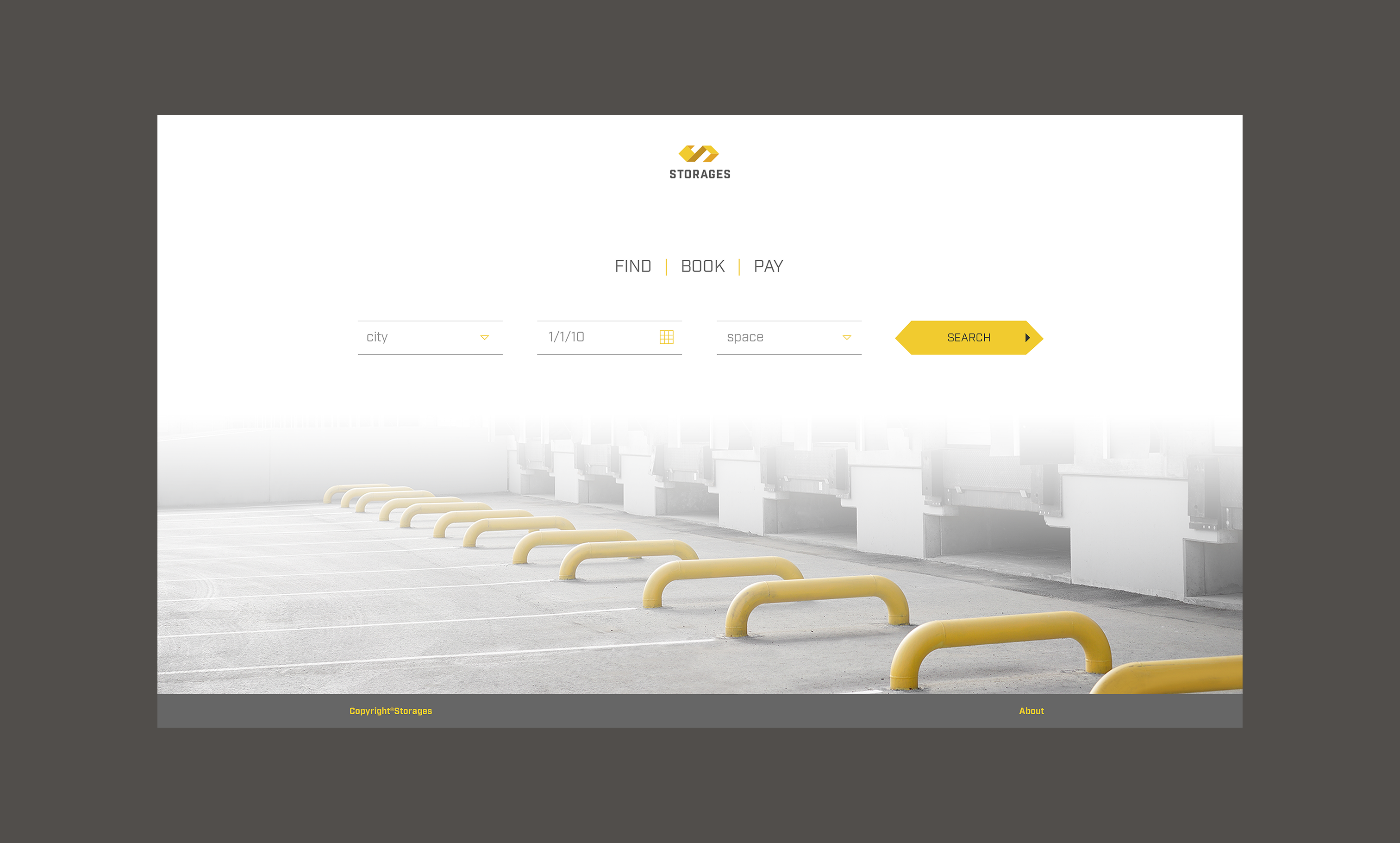 Storages website homepage with search interface for finding, booking, and paying for storage spaces in a parking garage.