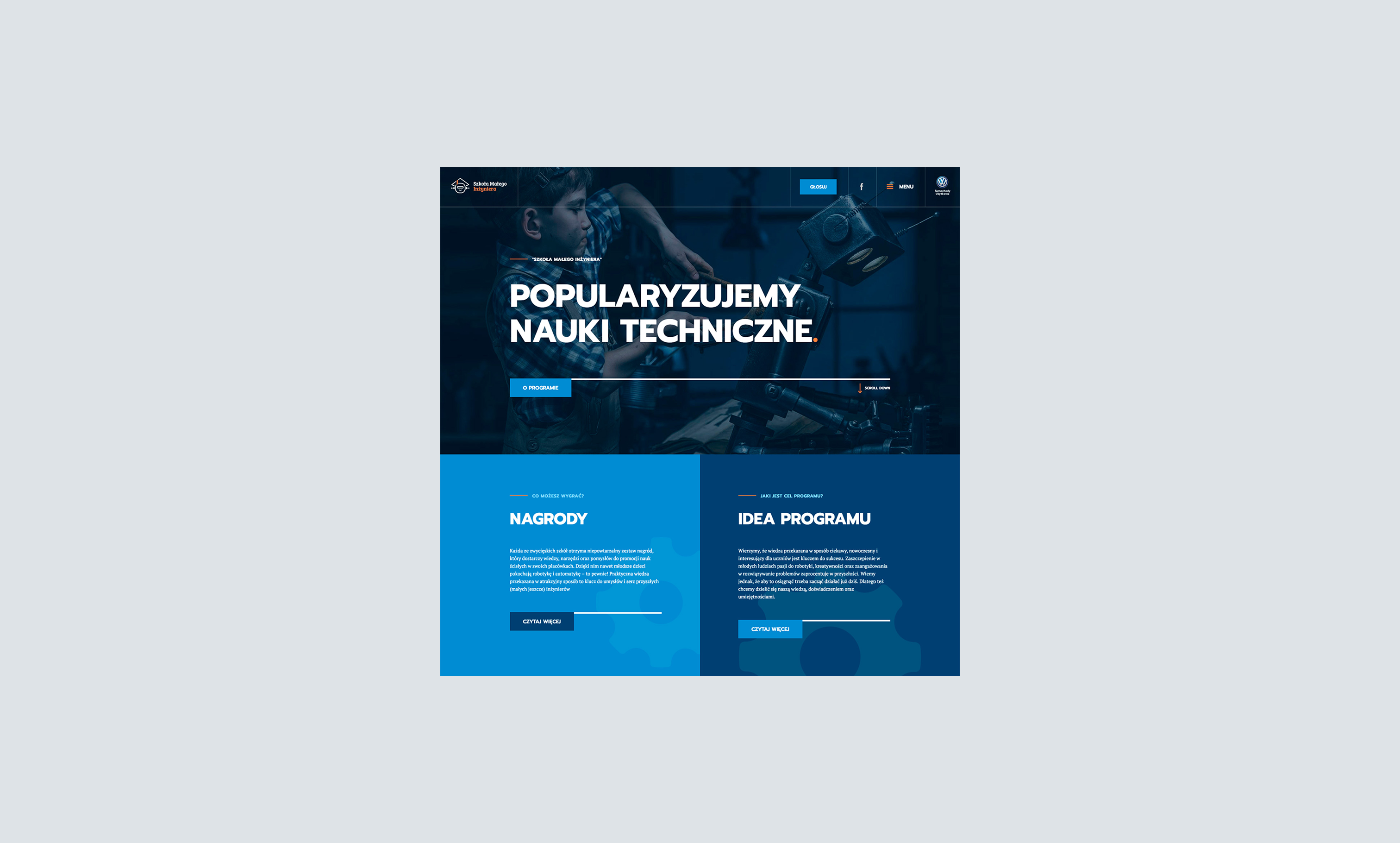 Website homepage for a technical science education program in Polish, featuring blue design with sections for awards and program information.