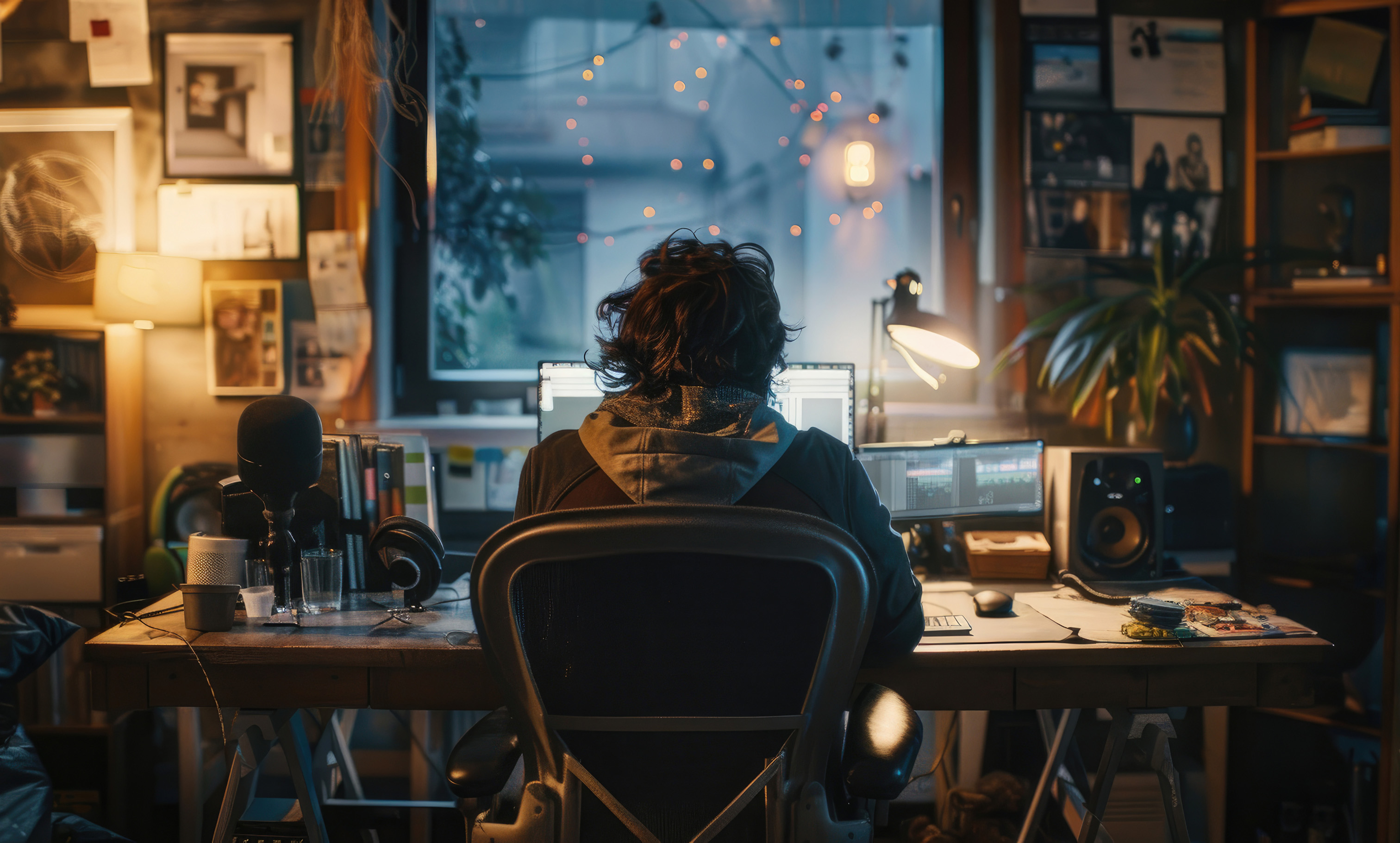 Person working at desk in creative studio at night with city lights visible through window and bokeh effects