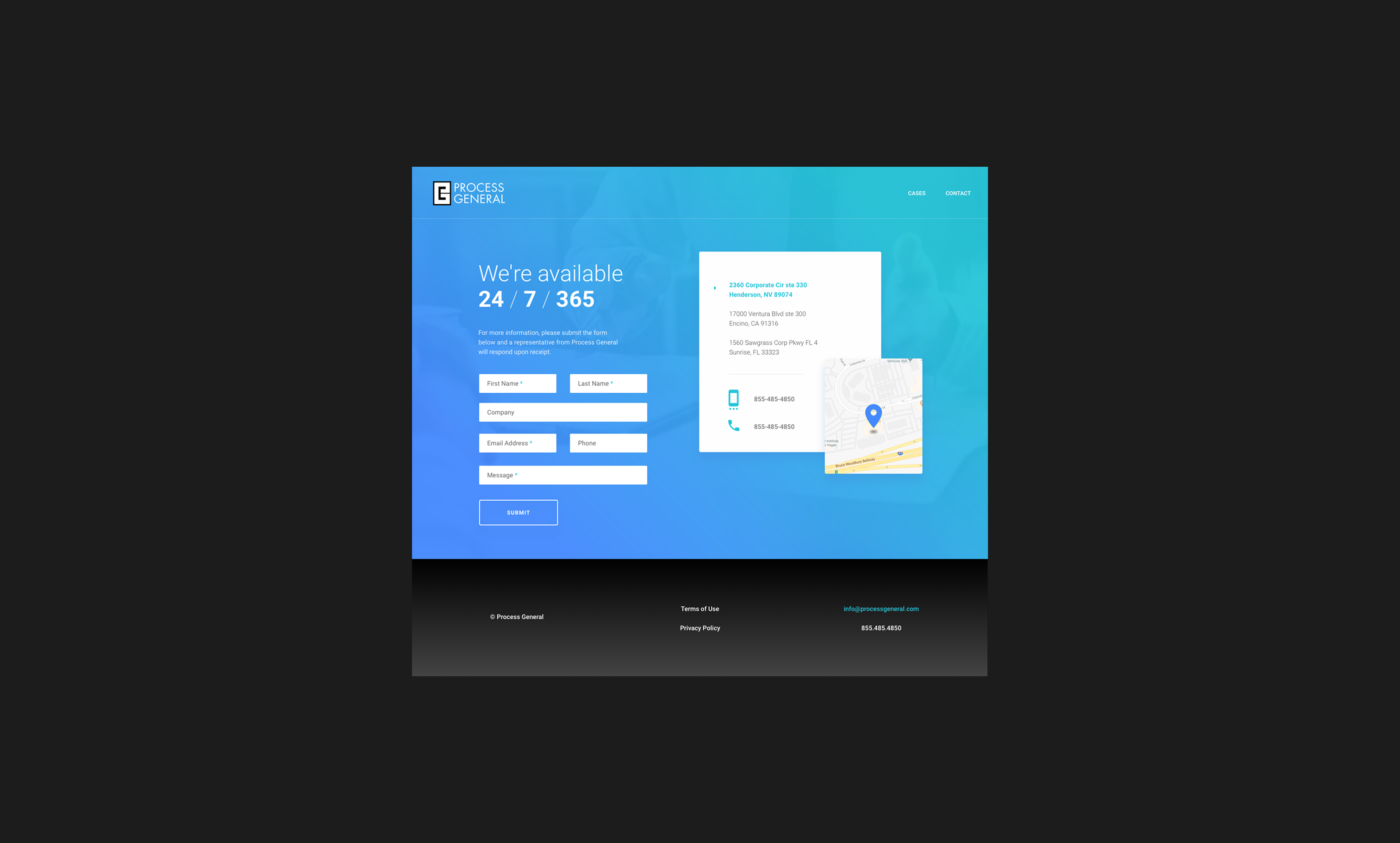 Process General contact page with 24/7 availability form, office locations, and map on blue gradient background.