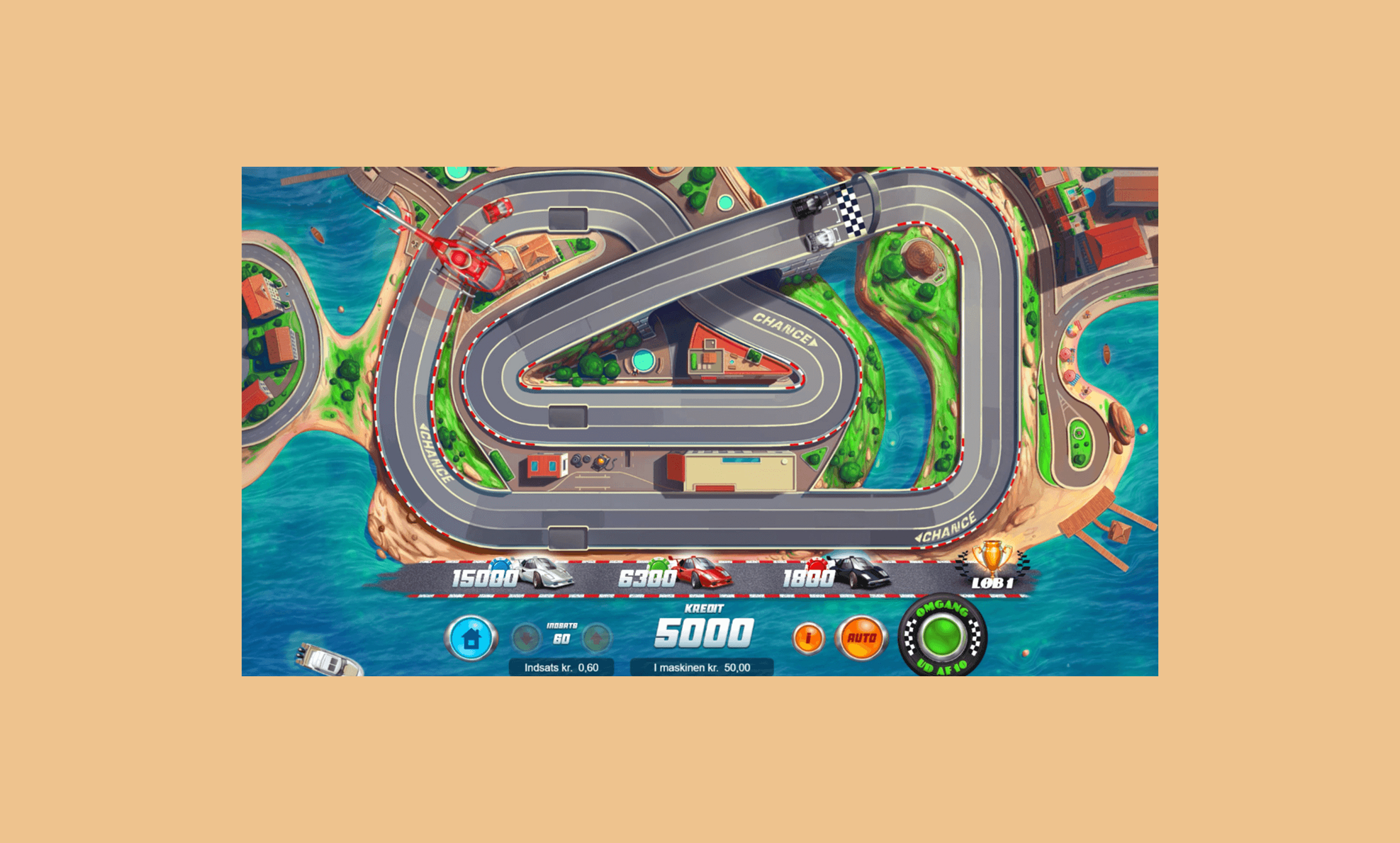 Racing game screenshot showing a top-down view of a racetrack with cars, finish line, and game interface at bottom displaying credit and betting options.