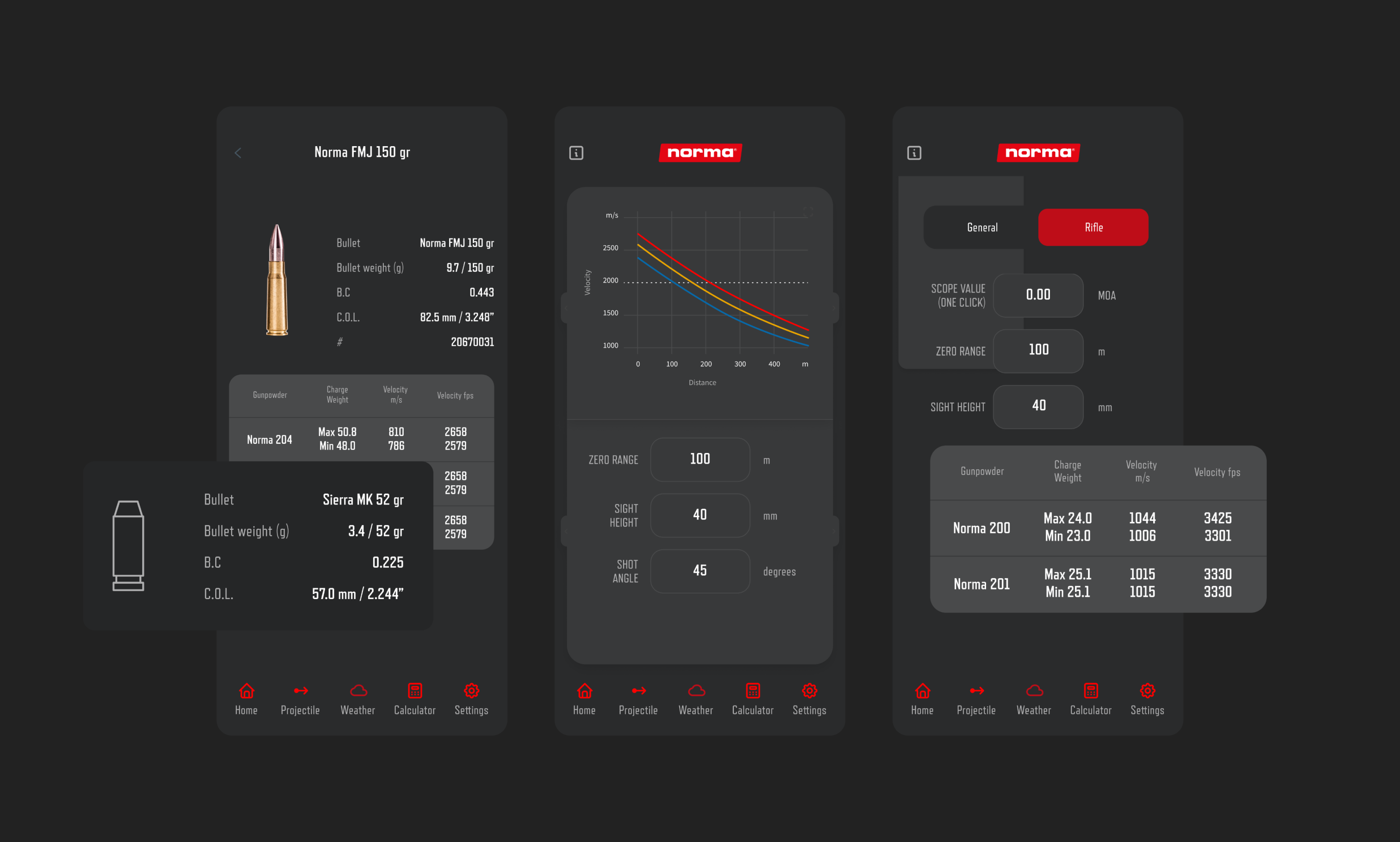 Norma ballistic calculator app showing rifle specifications, trajectory charts, and ammunition data across three screens.