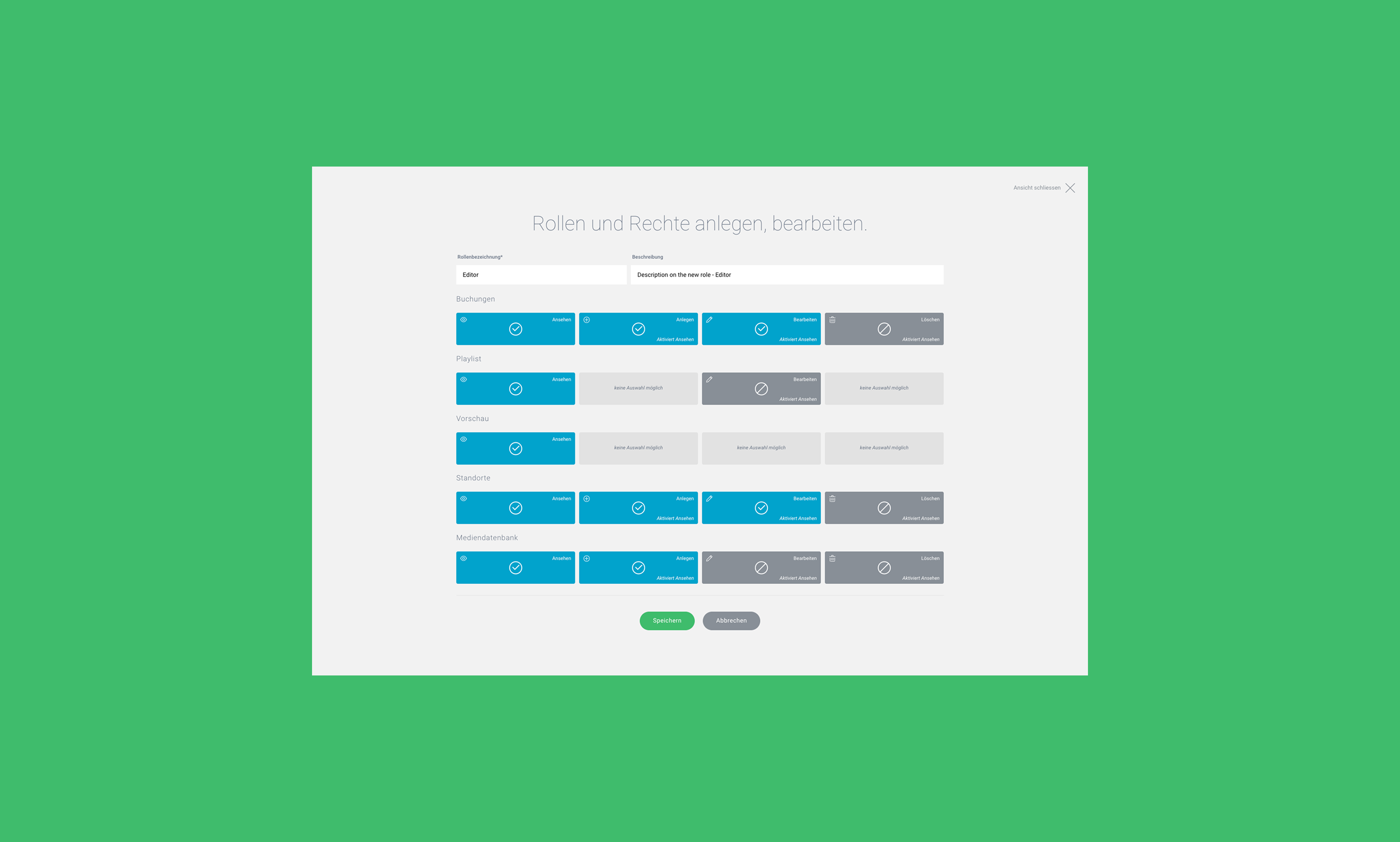 Dialog box for creating and editing roles and permissions with checkboxes organized by user type and feature access levels.