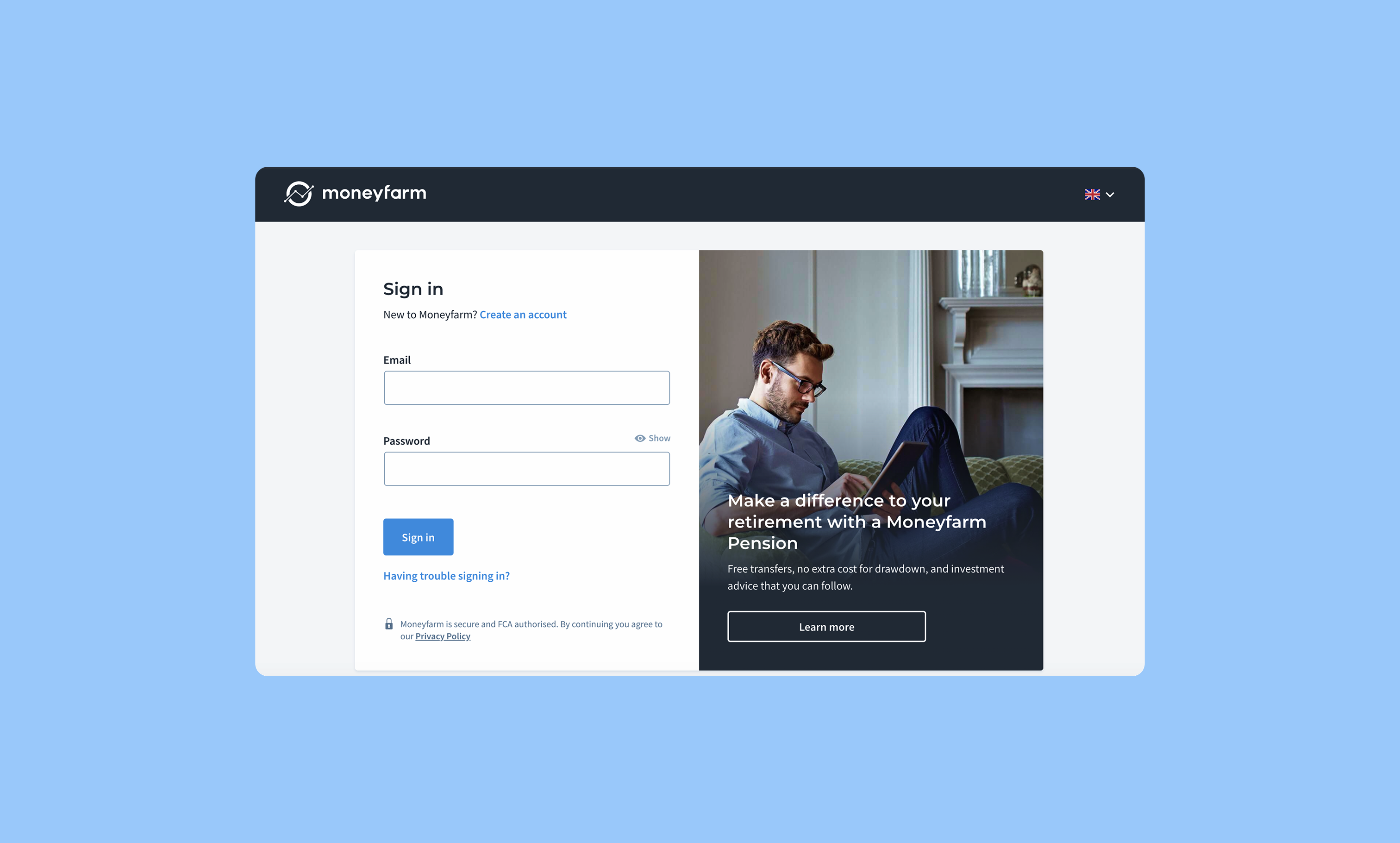 Moneyfarm login page with email and password fields, sign-in button, and pension plan promotional content on the right.