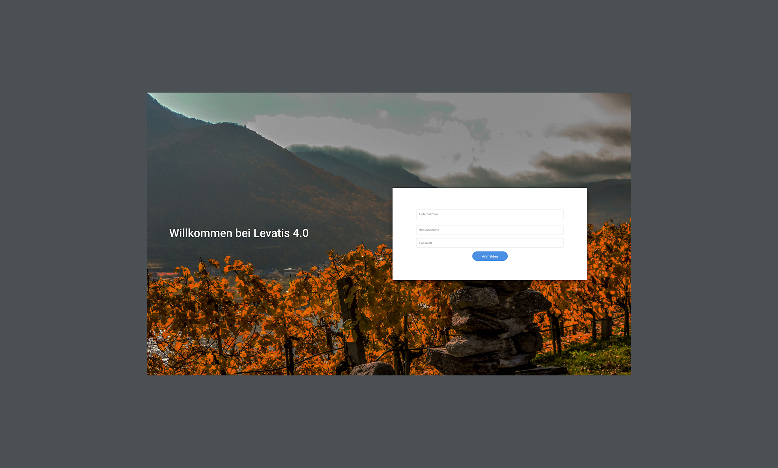 Login page for Levatis 4.0 with vineyard landscape background and input fields for username and password