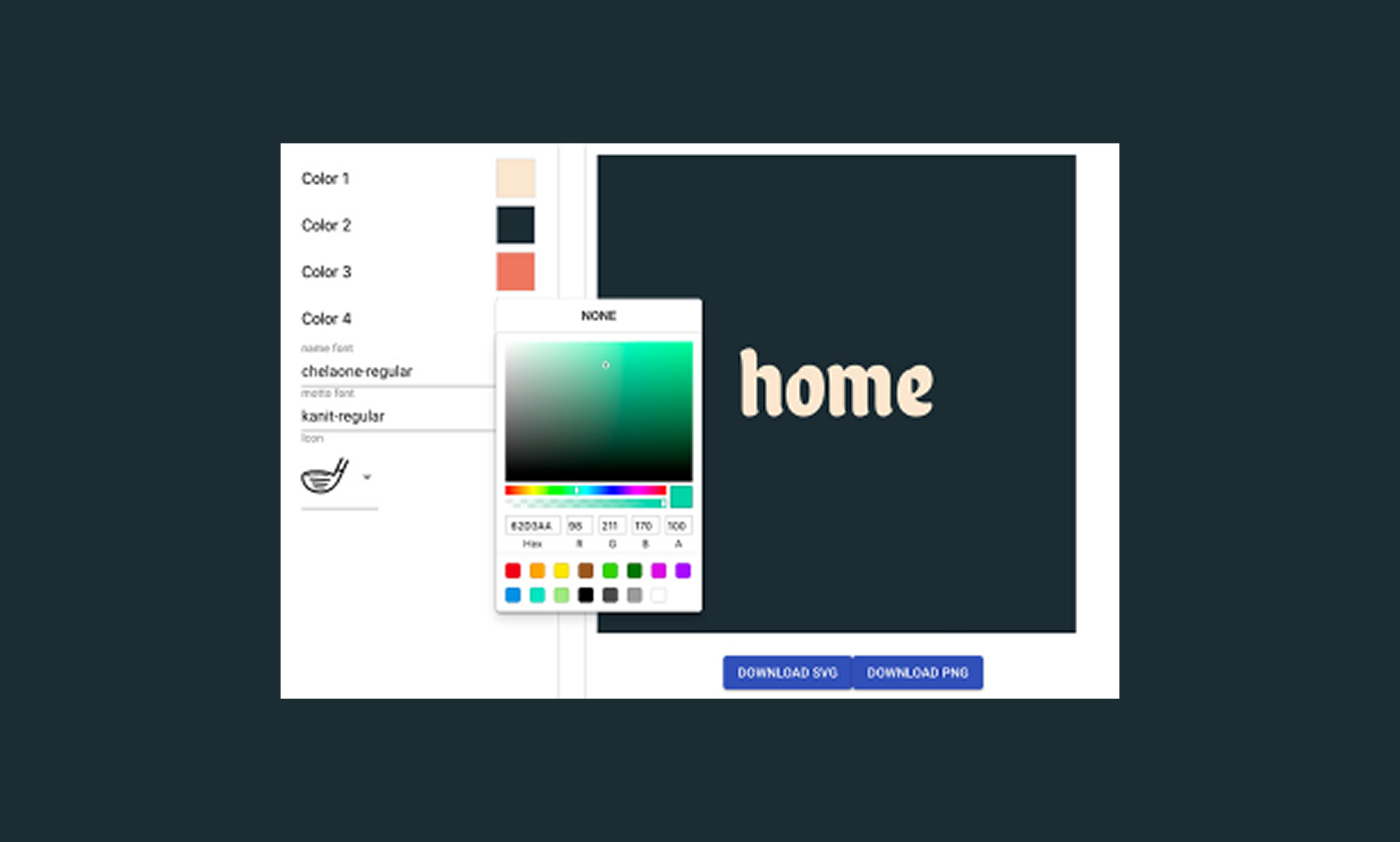 Design tool interface showing color palette customization with "home" text preview and download options for SVG and PNG formats.