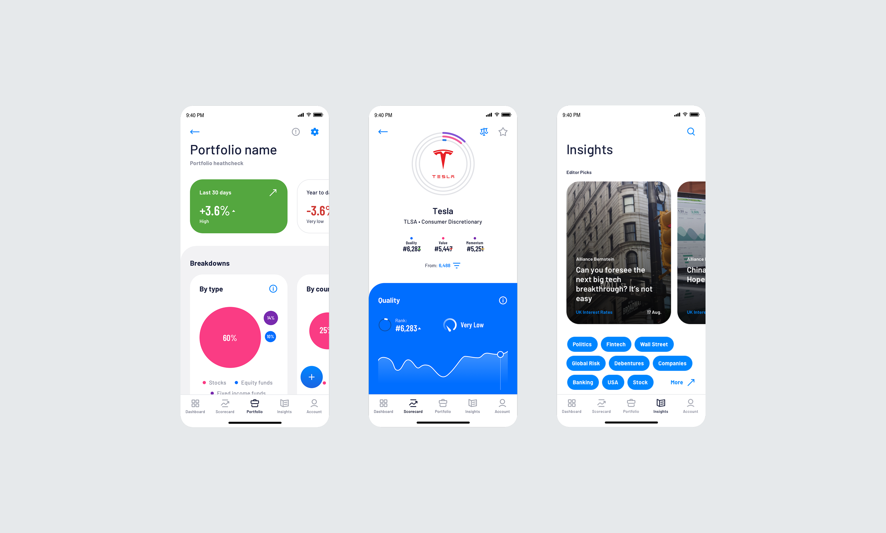 Three mobile app screens showing portfolio management interface with performance metrics, Tesla stock details, and investment insights articles.