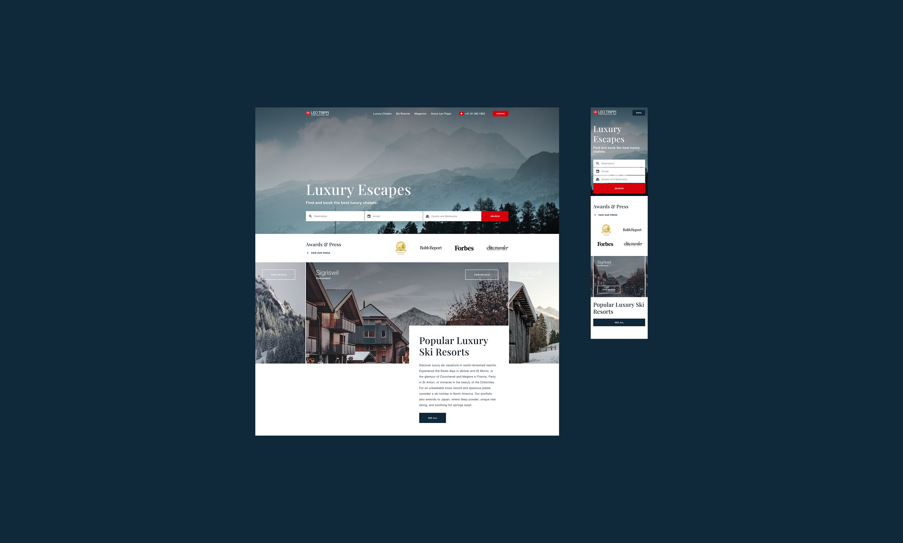 Desktop and mobile views of a luxury travel website featuring mountain landscapes and ski resort accommodations.