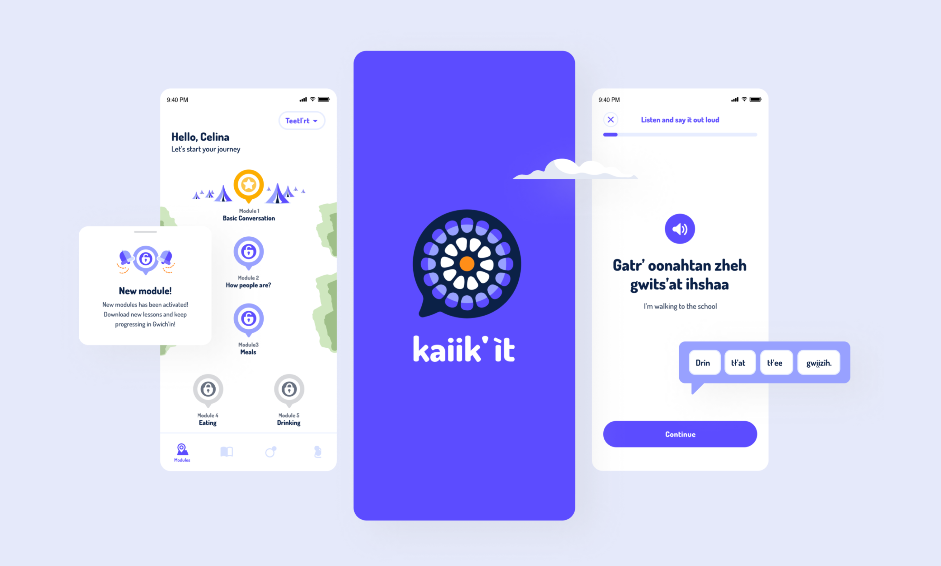 Kaiik'it language learning app interface showing modules, interactive lessons, and audio pronunciation features for Gwitch'in language instruction.