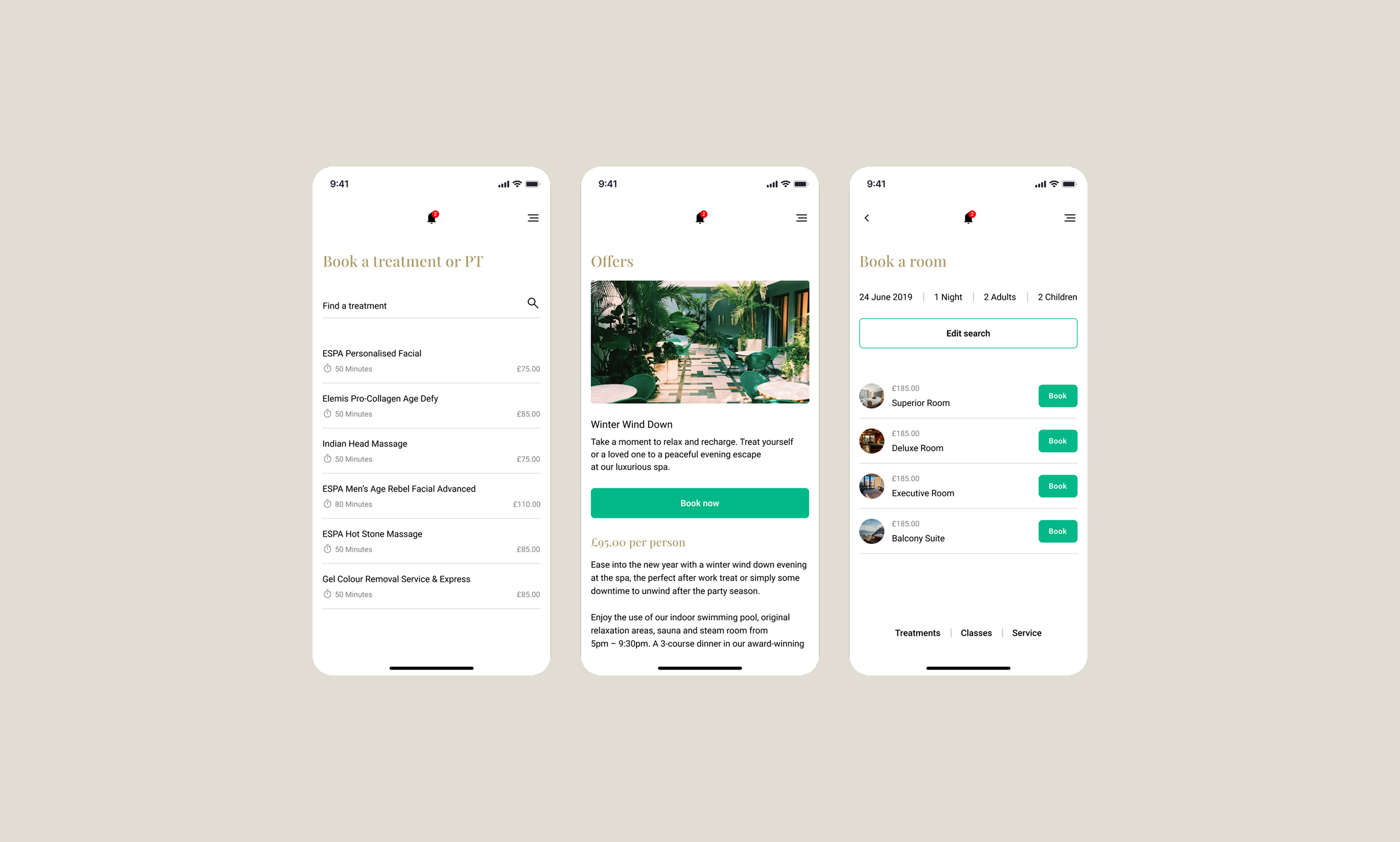 Three mobile app screens showing spa booking features: treatments list, spa offers with winter package, and room booking options.