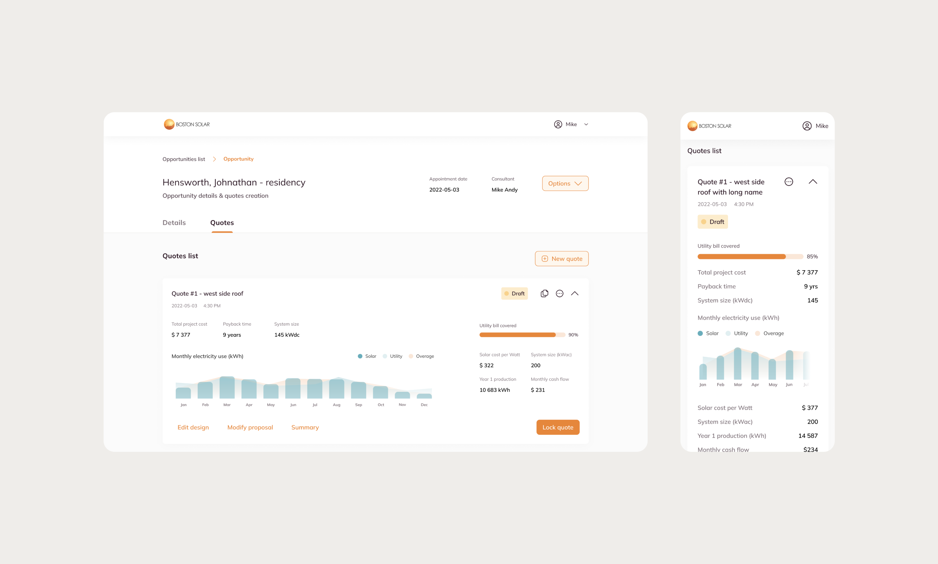 Boston Solar quote management interface showing opportunity details, quotes list, and solar system specifications for residential installation.