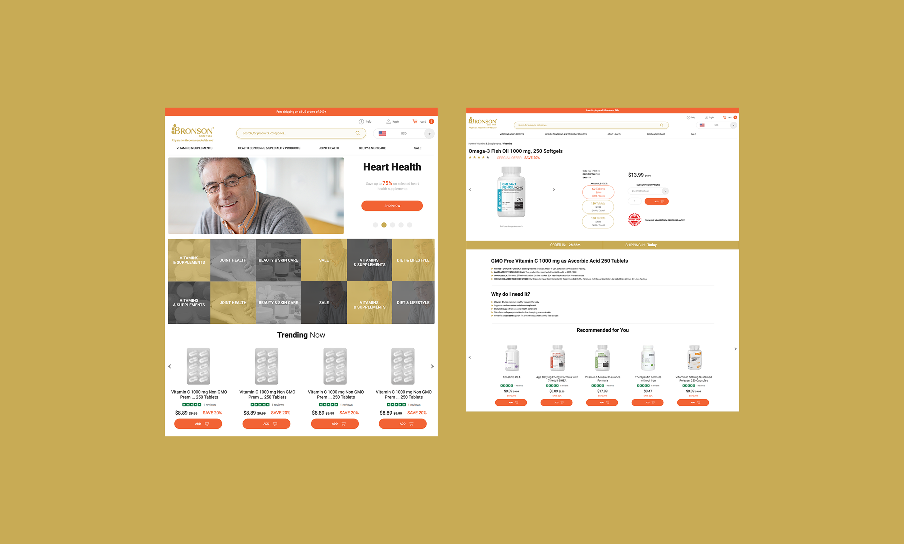 Two Bronson health supplement website pages showing product listings, categories, and promotional content for vitamins and wellness products.