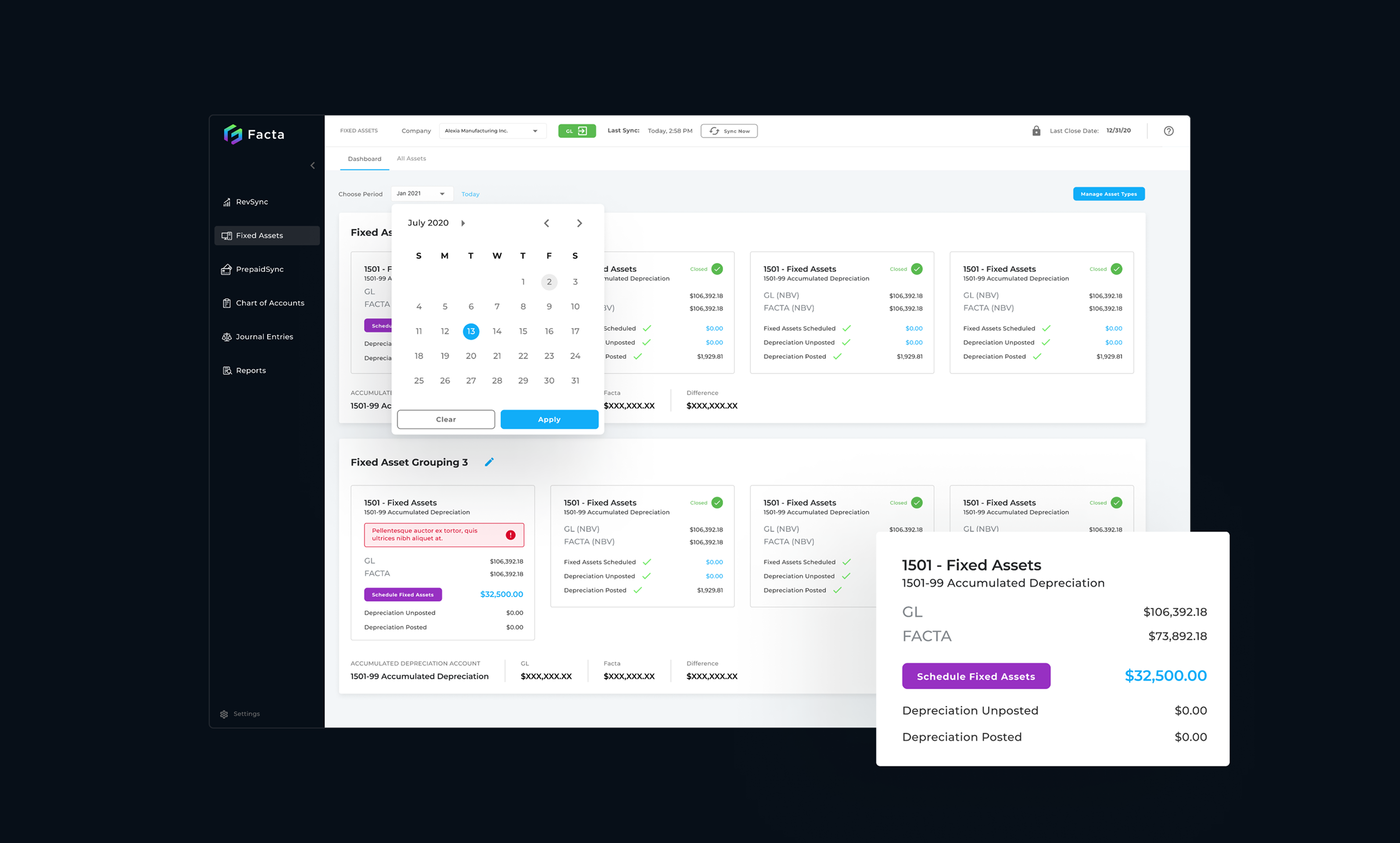 Facta fixed assets accounting dashboard showing July 2020 calendar with asset depreciation details and scheduled depreciation of $32,500.00