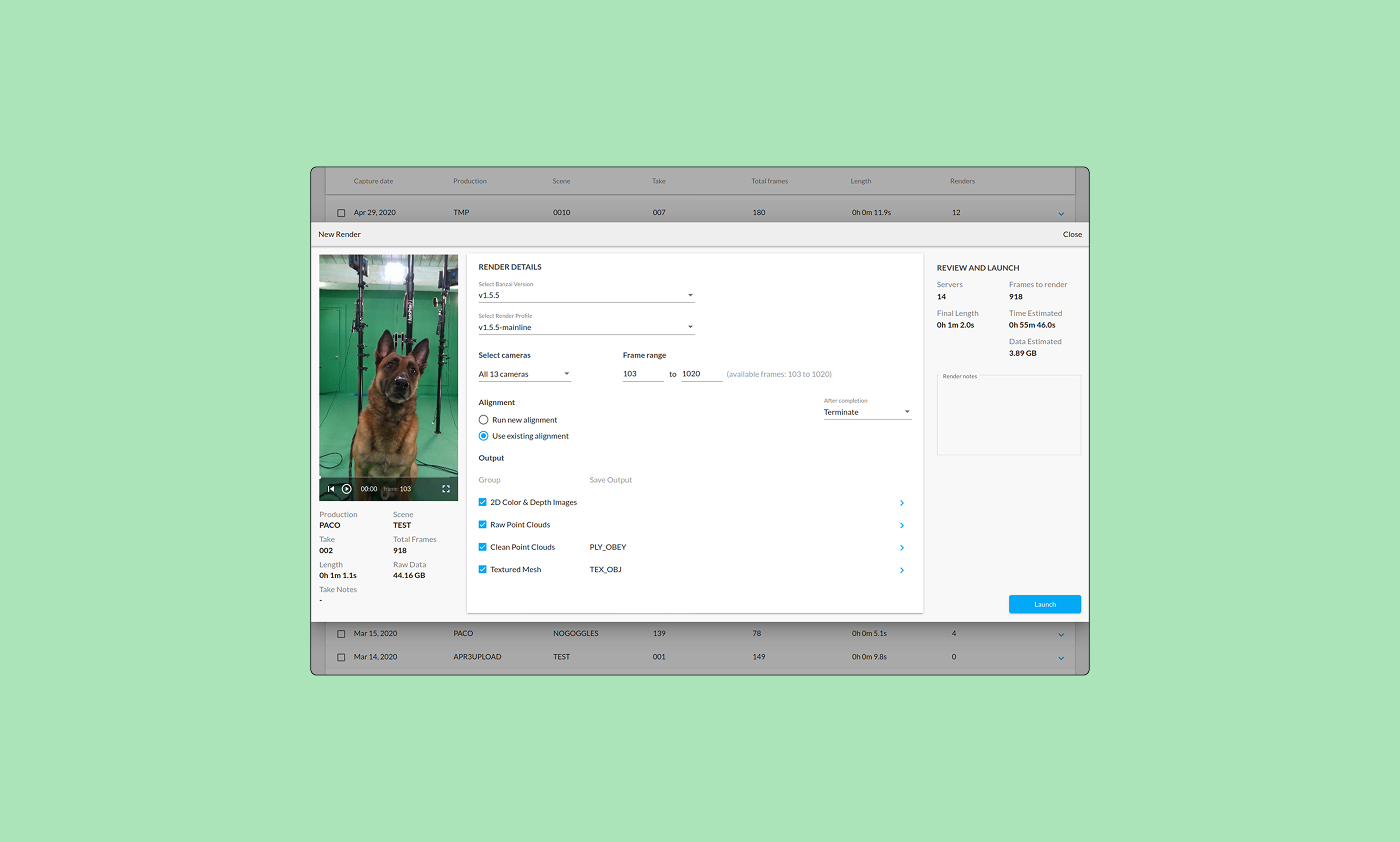Render management interface showing dog photo with render details, settings for cameras, frame range, output formats, and launch options.