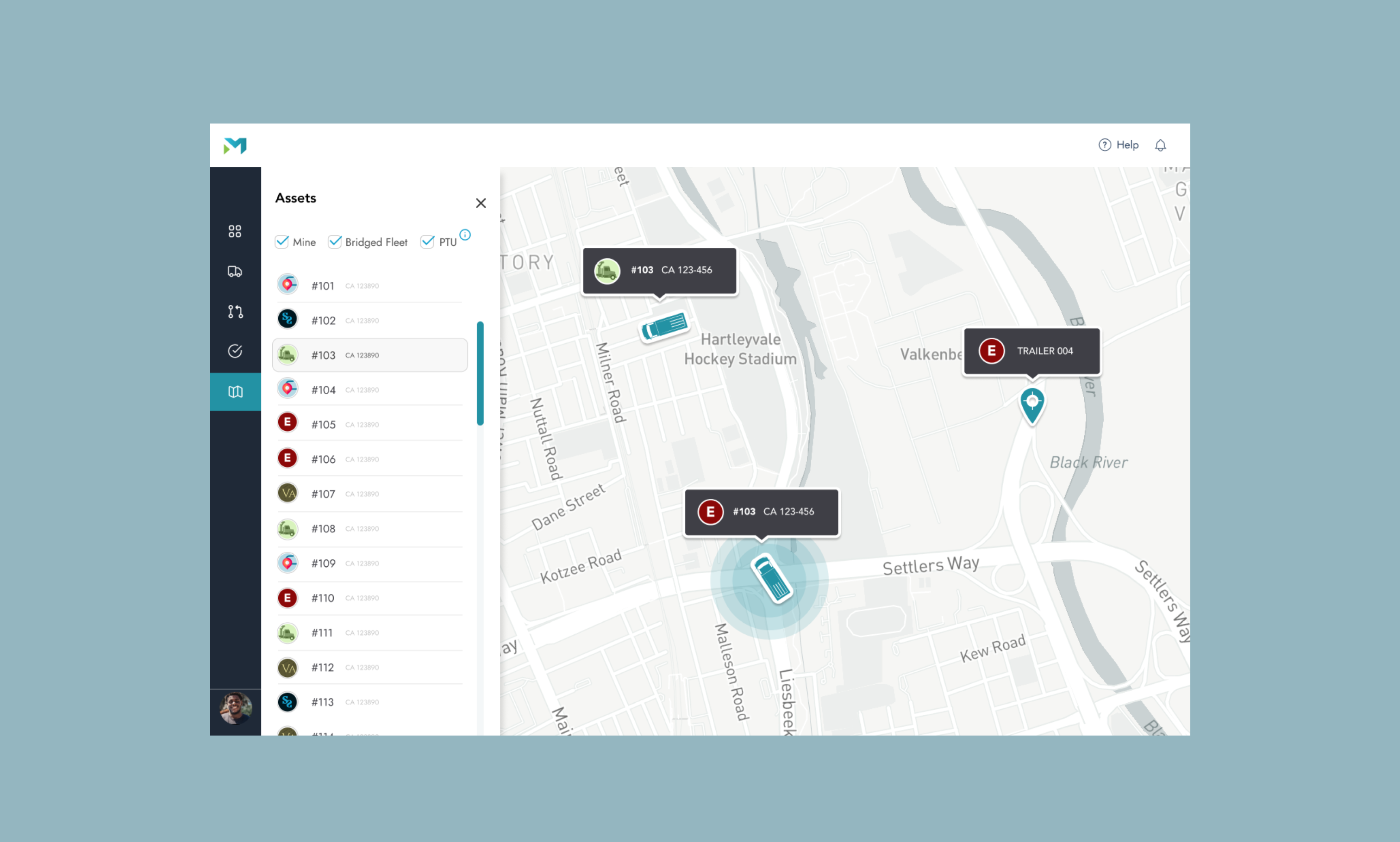 Fleet management dashboard showing map view with asset locations, list panel displaying vehicle IDs and status indicators.