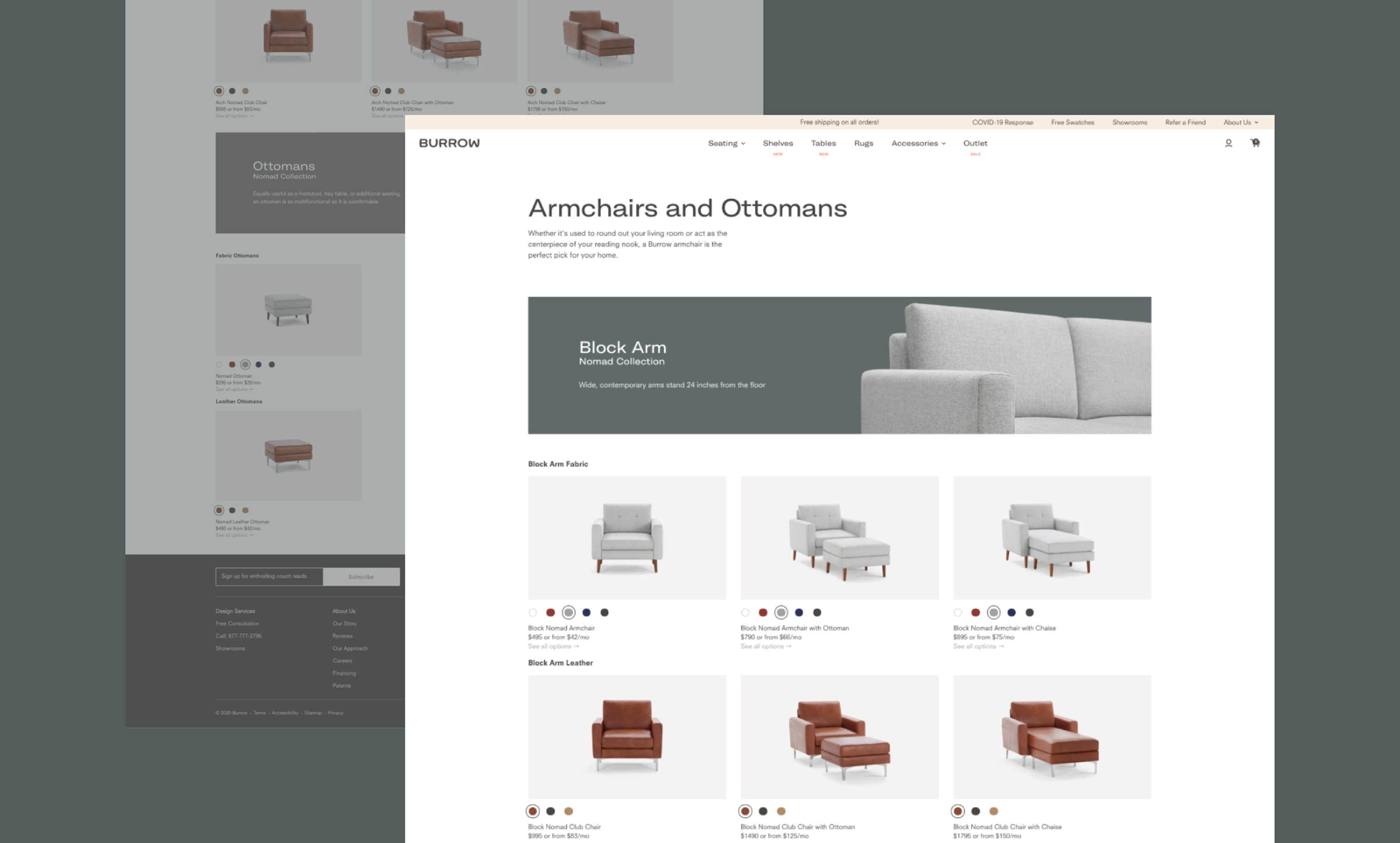 Burrow furniture website showing armchairs and ottomans collection with Block Arm styles in fabric and leather options.