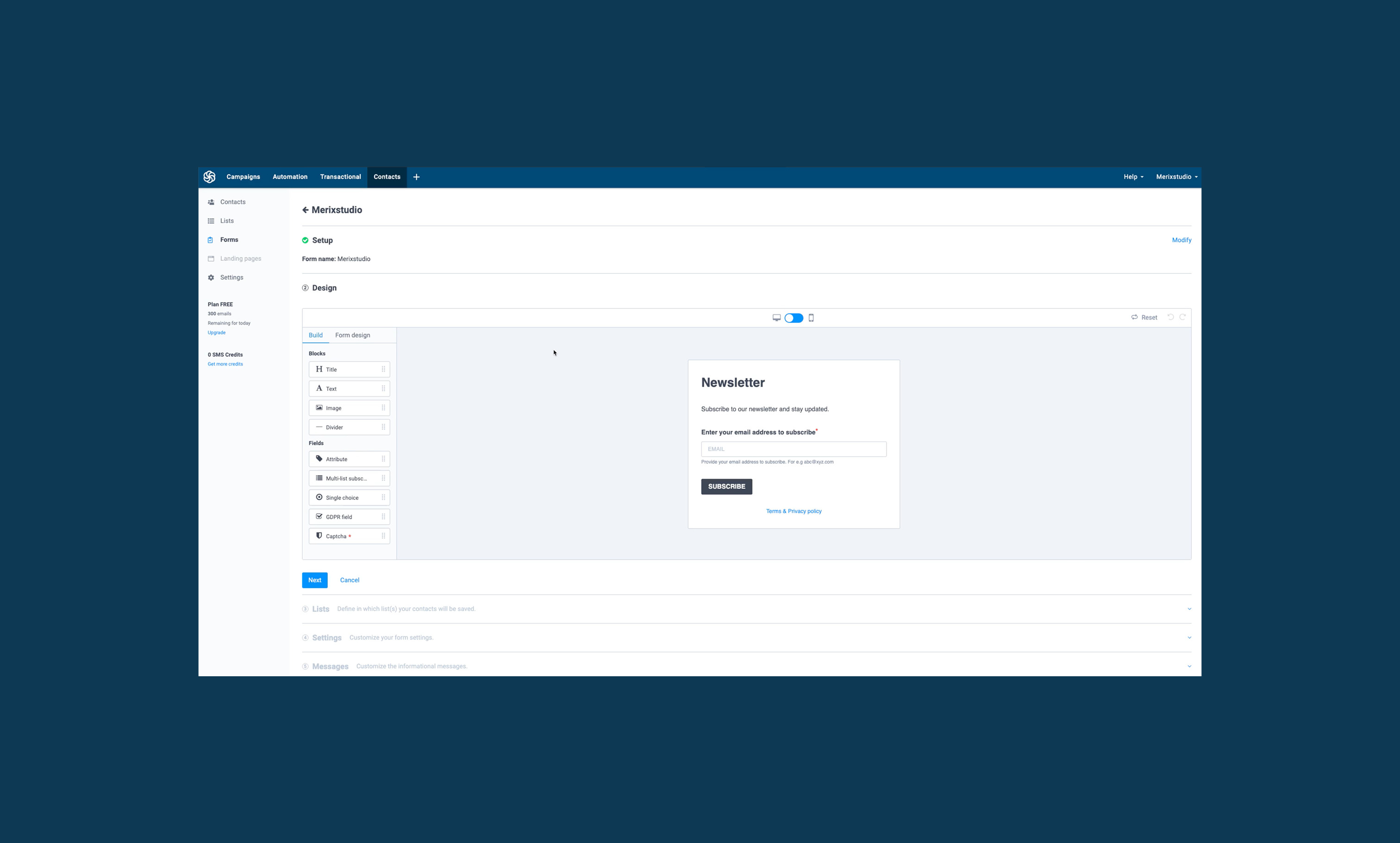 Form builder interface showing a newsletter subscription form design with email input field and subscribe button in Merisstudio.