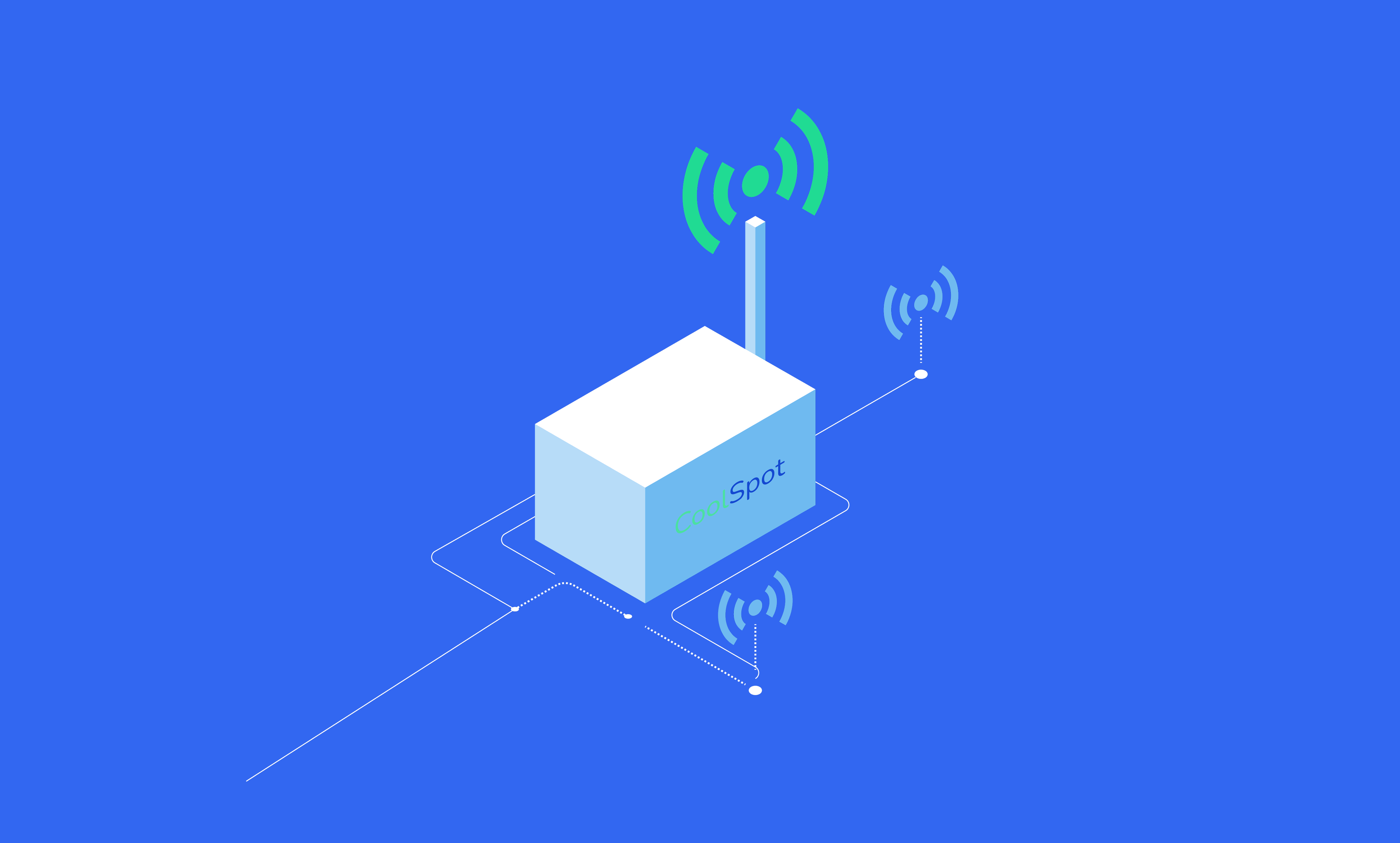 WiFi hotspot device transmitting wireless signals to connected devices on a blue background