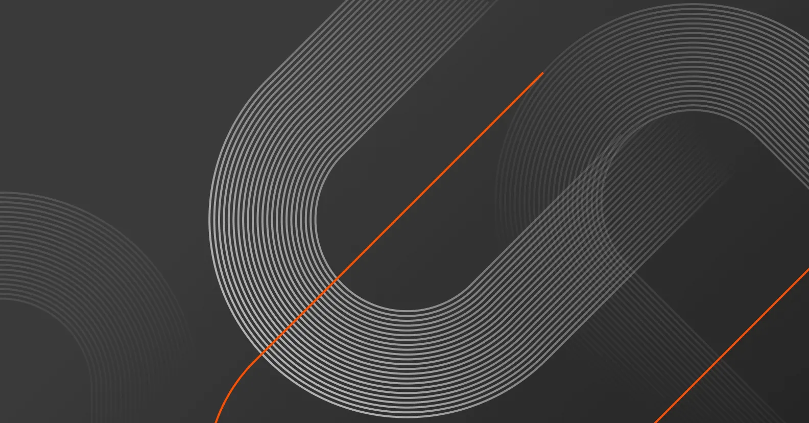Abstract geometric design with flowing curved lines in gray and orange diagonal stripes on dark background