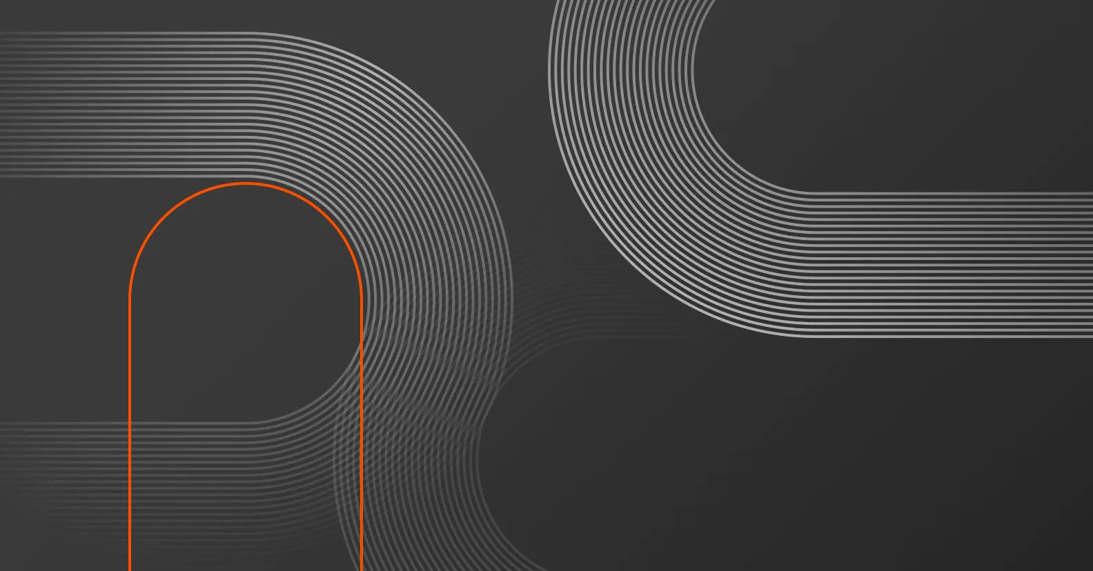 Abstract flowing lines with orange arch shape on dark gray background, creating modern geometric design